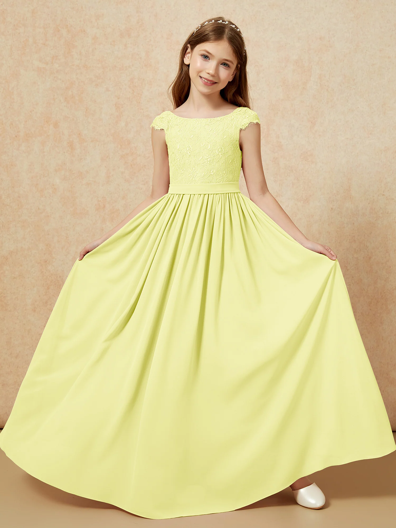 Cap Sleeve Lace Chiffon Junior Bridesmaid Dresses Daffodil - Image 5