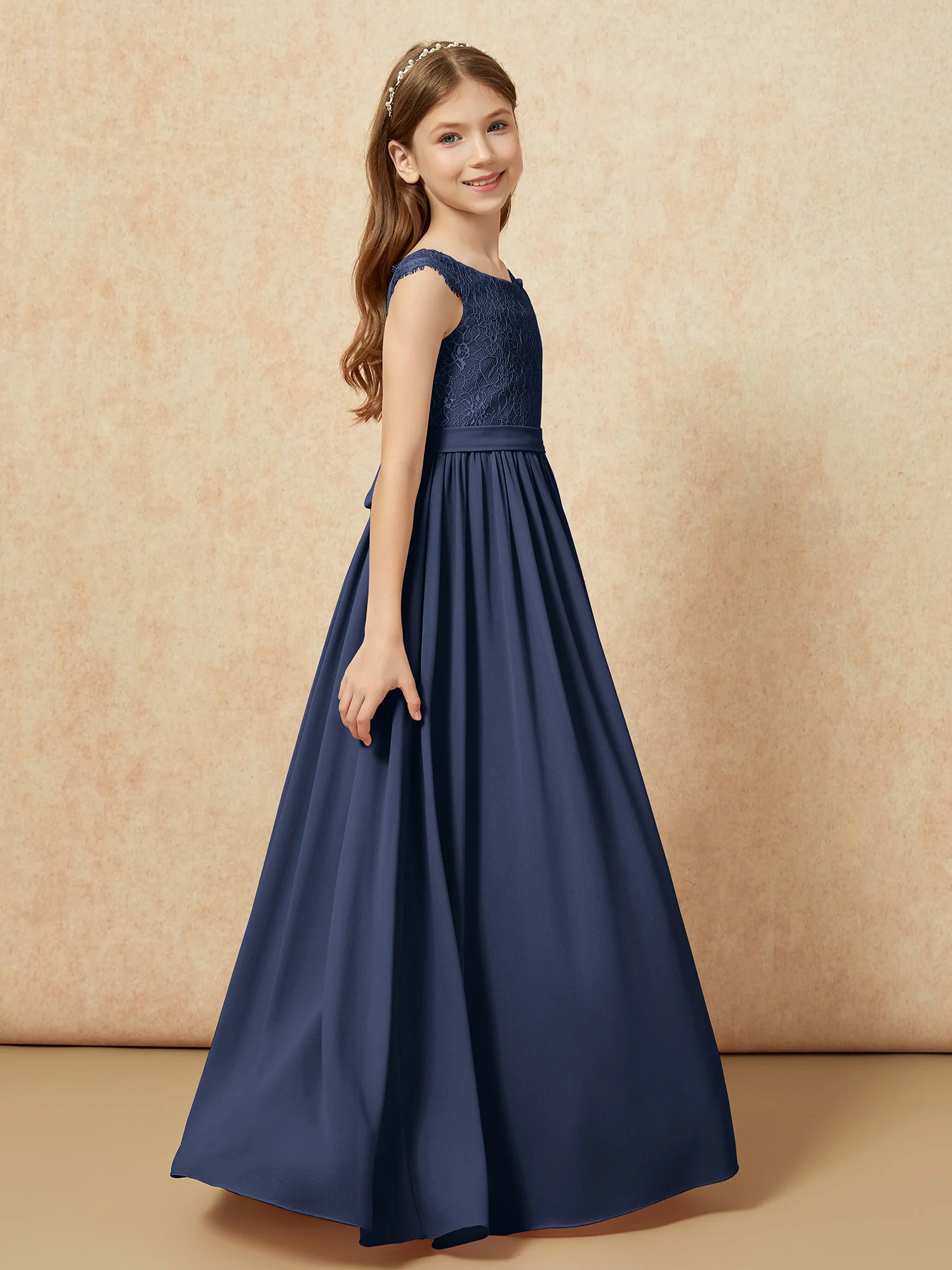 Cap Sleeve Lace Chiffon Junior Bridesmaid Dresses Dark Navy - Image 3