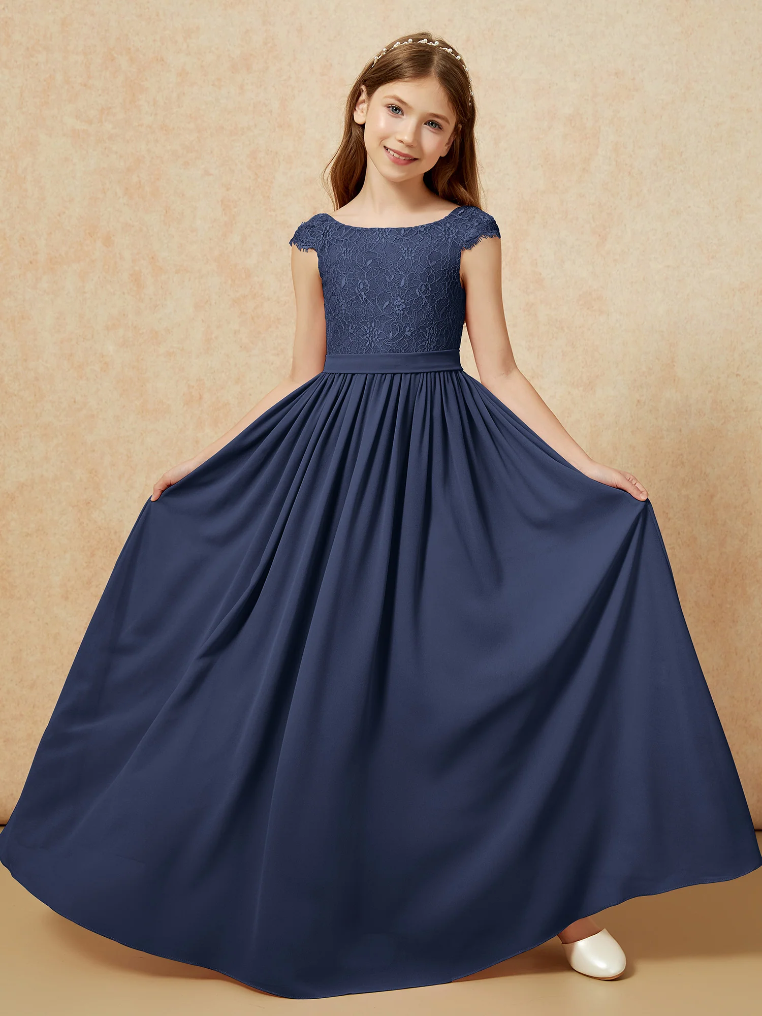 Cap Sleeve Lace Chiffon Junior Bridesmaid Dresses Dark Navy - Image 5