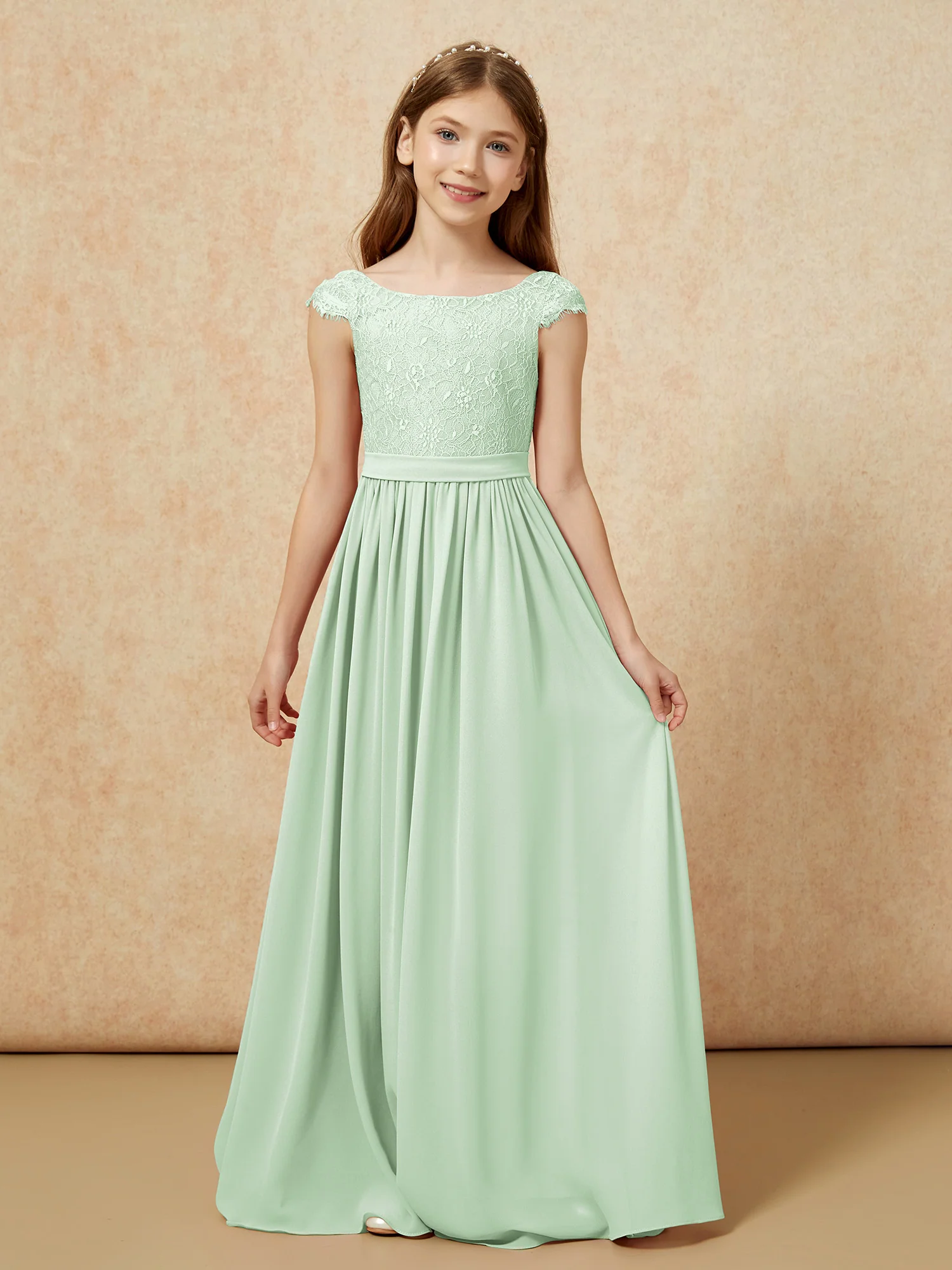 Cap Sleeve Lace Chiffon Junior Bridesmaid Dresses Dusty Sage