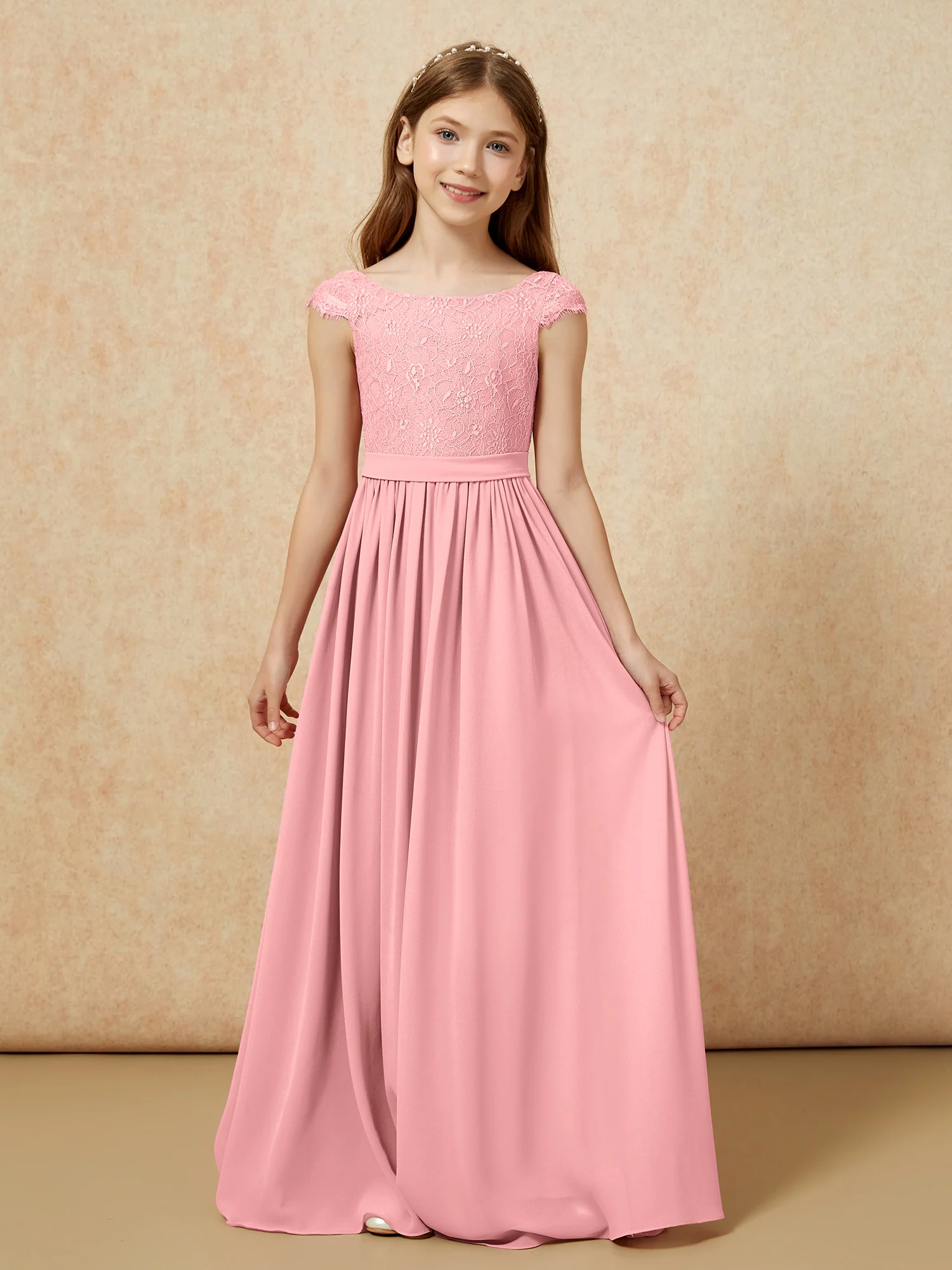 Cap Sleeve Lace Chiffon Junior Bridesmaid Dresses Flamingo