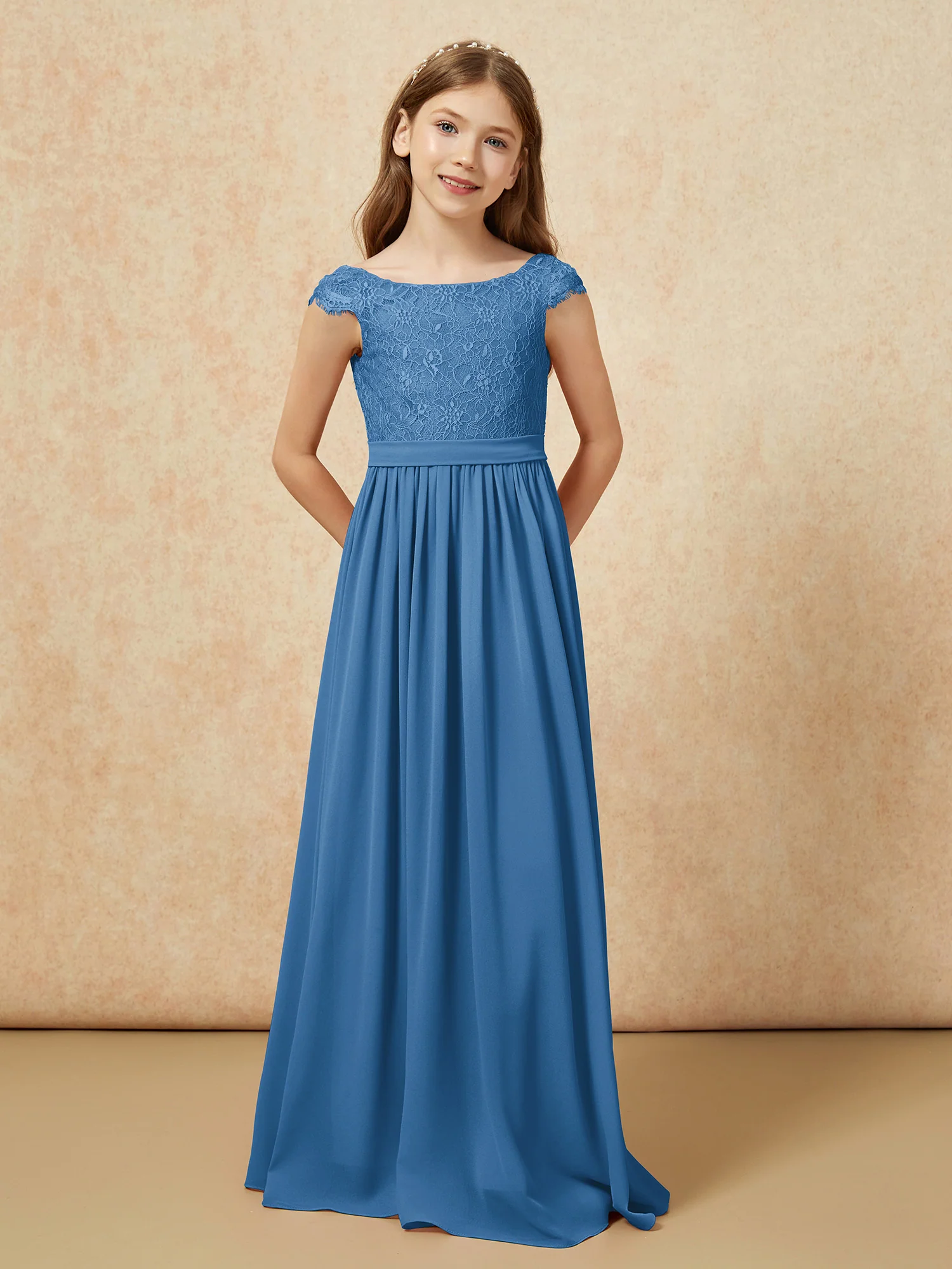 Cap Sleeve Lace Chiffon Junior Bridesmaid Dresses Ink Blue - Image 4