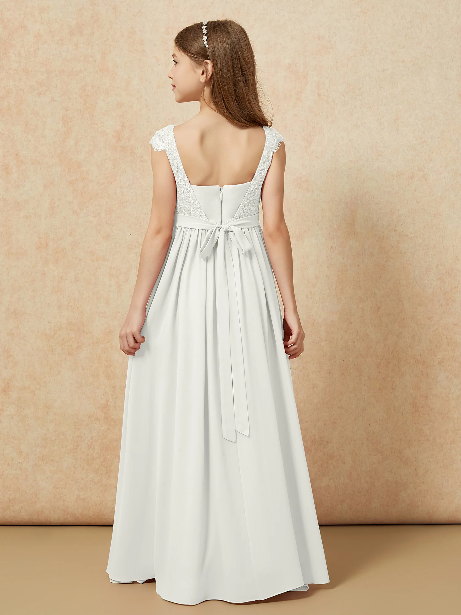 Cap Sleeve Lace Chiffon Junior Bridesmaid Dresses Ivory - Image 2
