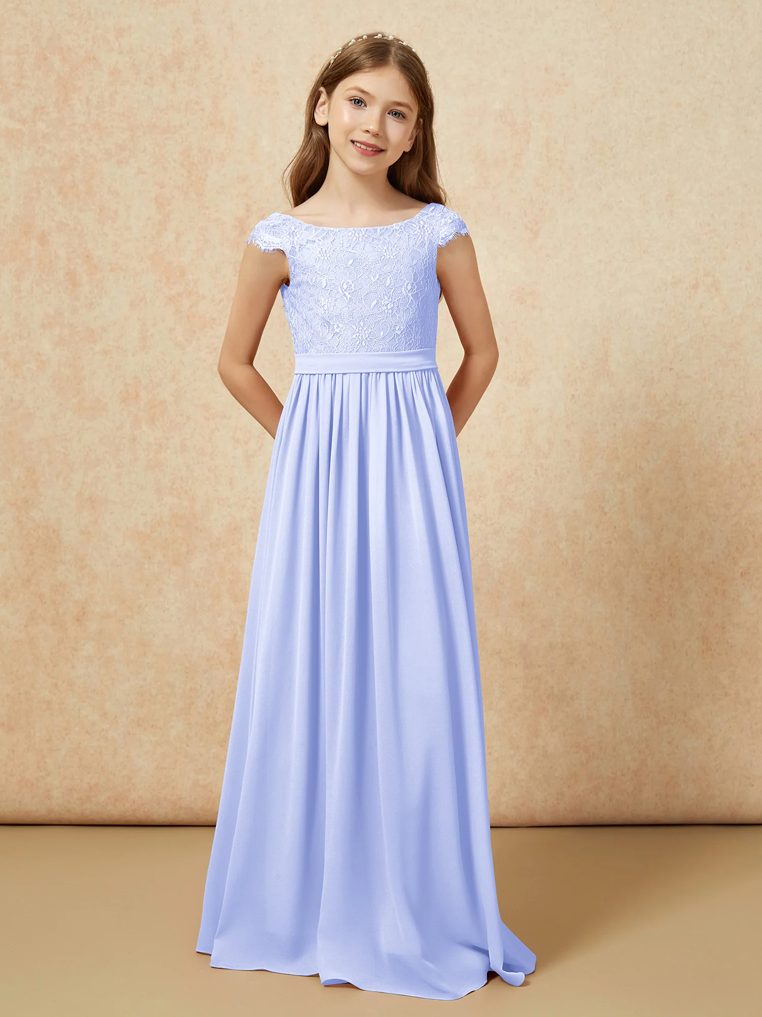 Cap Sleeve Lace Chiffon Junior Bridesmaid Dresses Lavender - Image 4