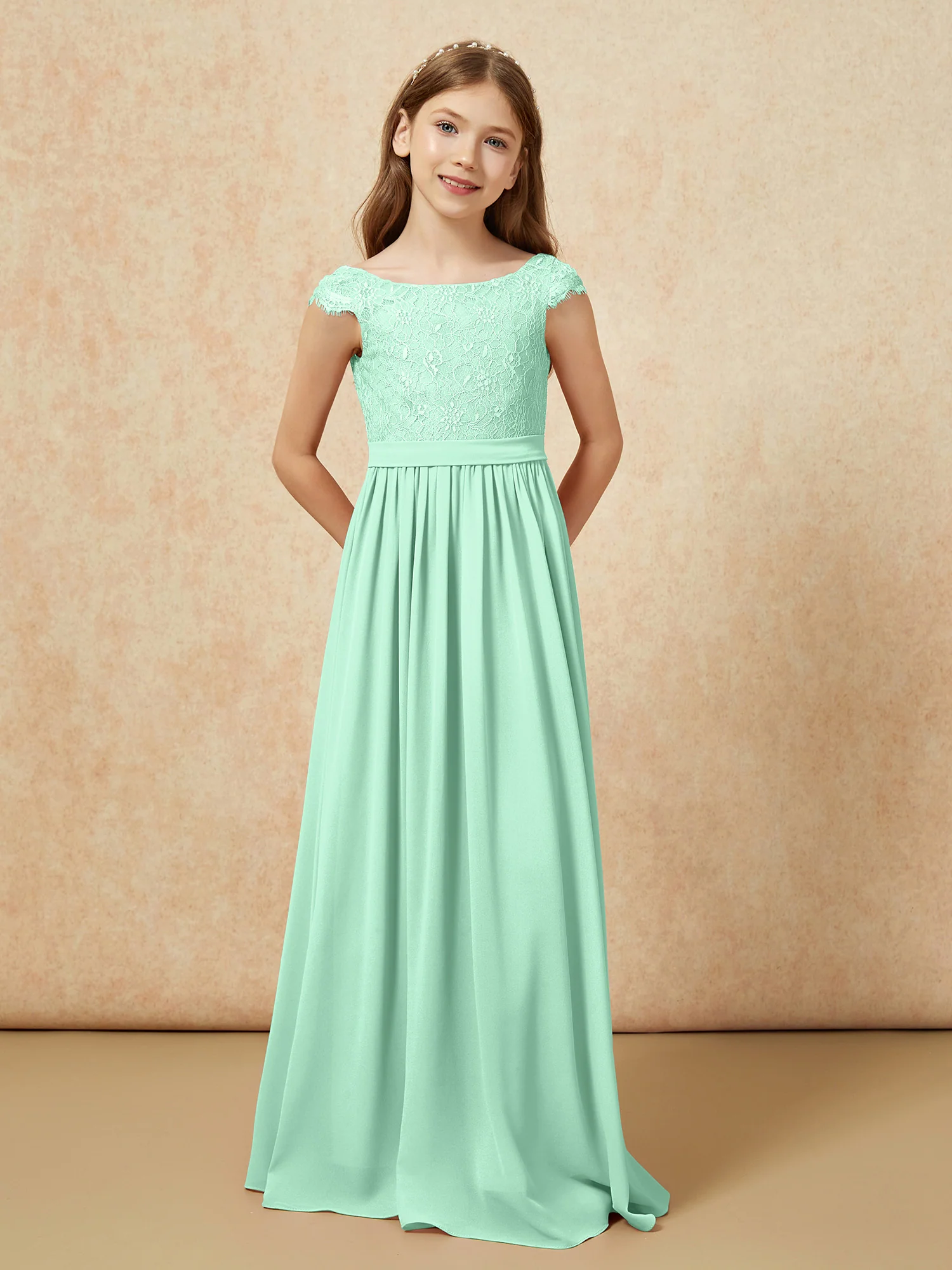 Cap Sleeve Lace Chiffon Junior Bridesmaid Dresses Mint Green - Image 4