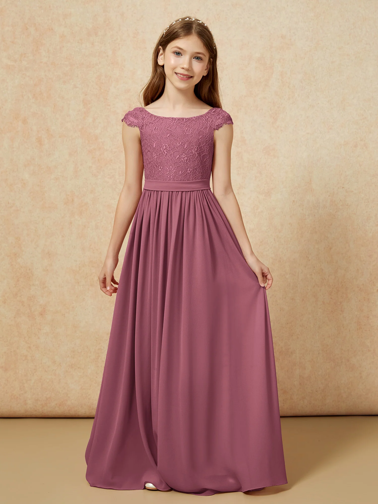 Cap Sleeve Lace Chiffon Junior Bridesmaid Dresses Mulberry