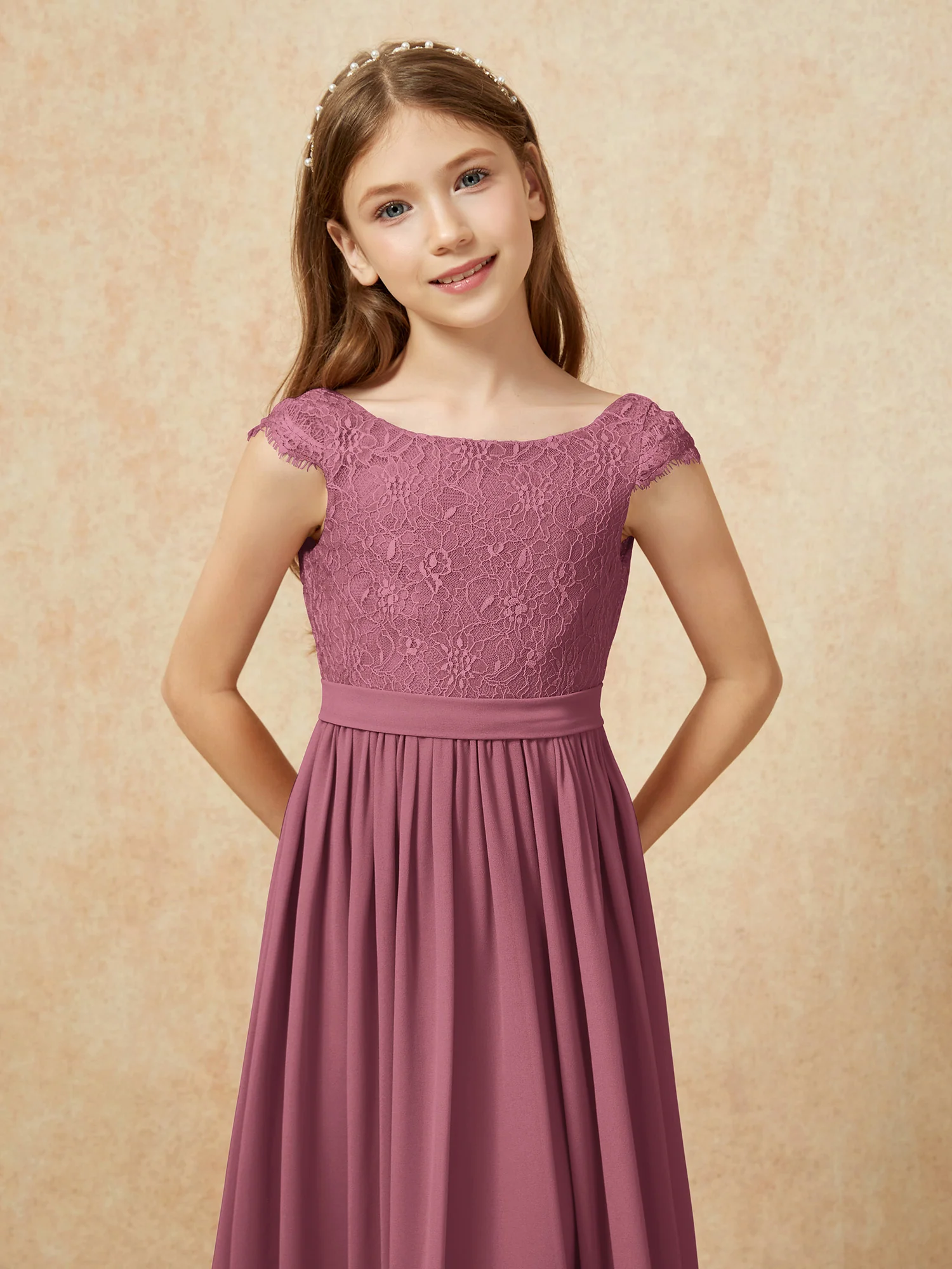 Cap Sleeve Lace Chiffon Junior Bridesmaid Dresses Mulberry - Image 6