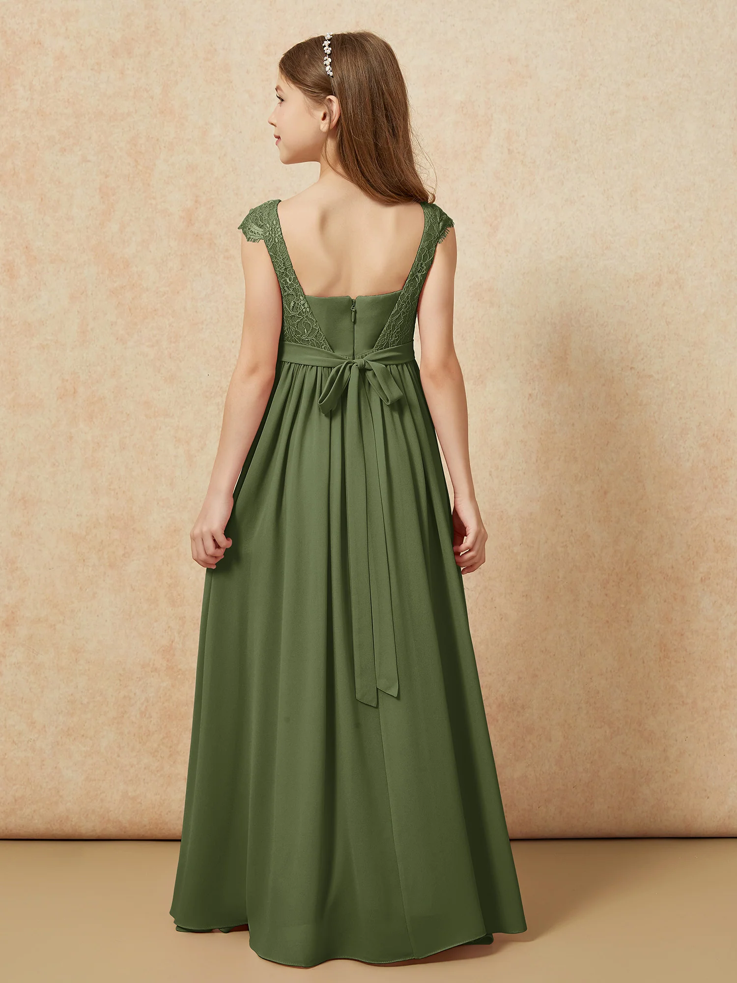 Cap Sleeve Lace Chiffon Junior Bridesmaid Dresses Olive Green - Image 2