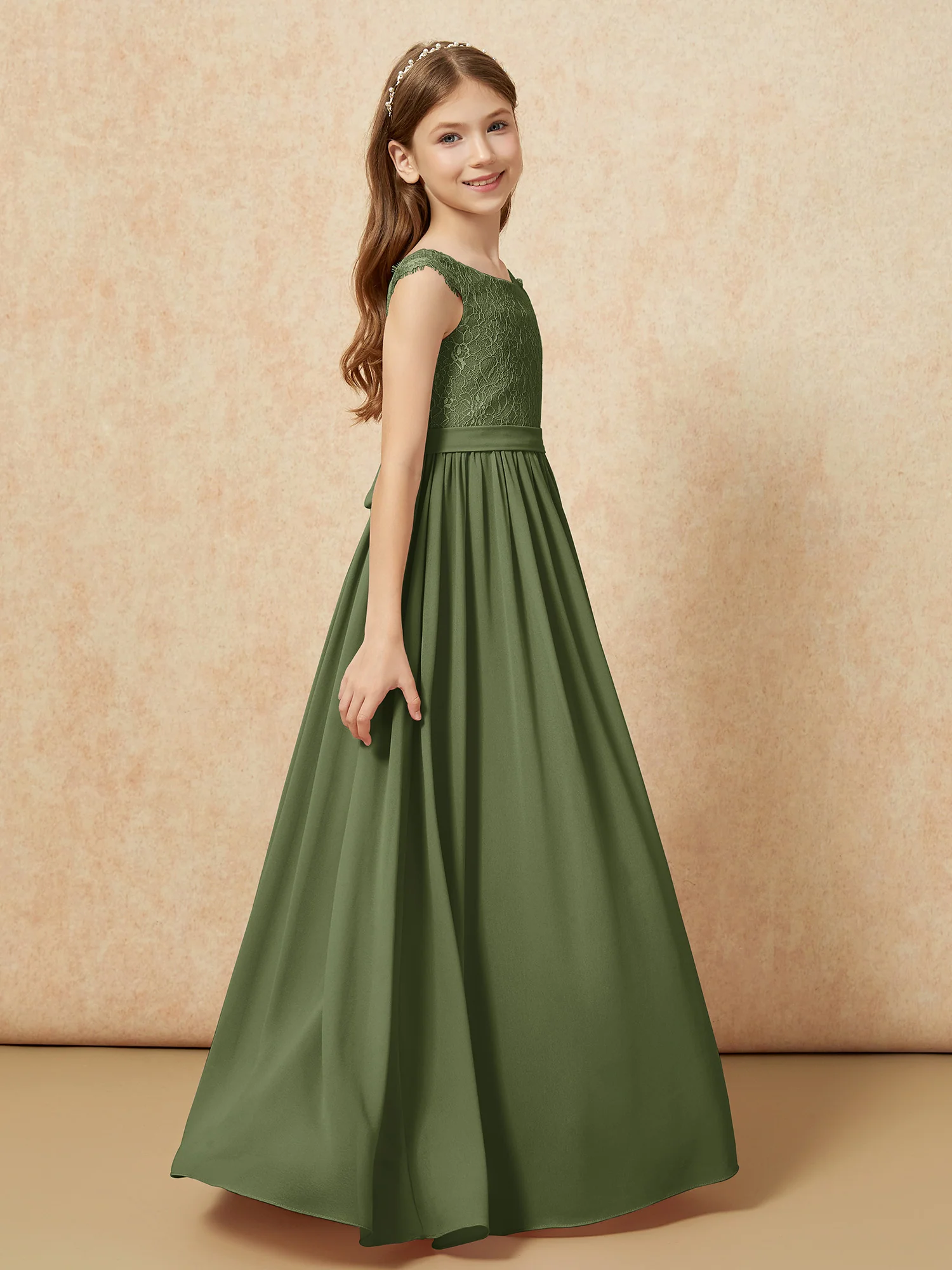 Cap Sleeve Lace Chiffon Junior Bridesmaid Dresses Olive Green - Image 3