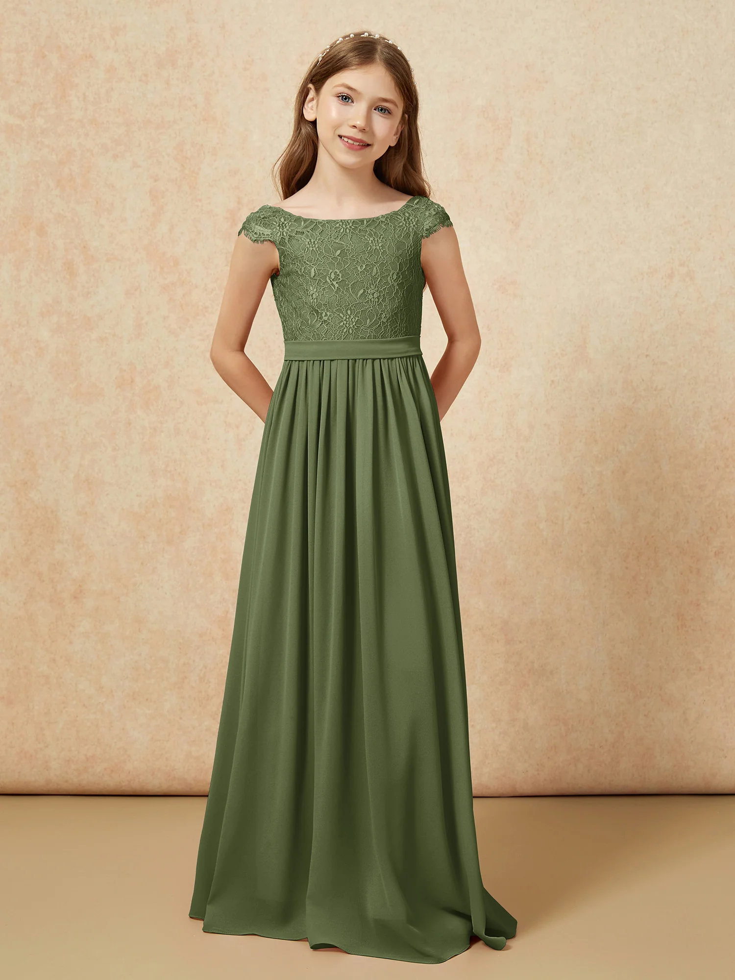 Cap Sleeve Lace Chiffon Junior Bridesmaid Dresses Olive Green - Image 4