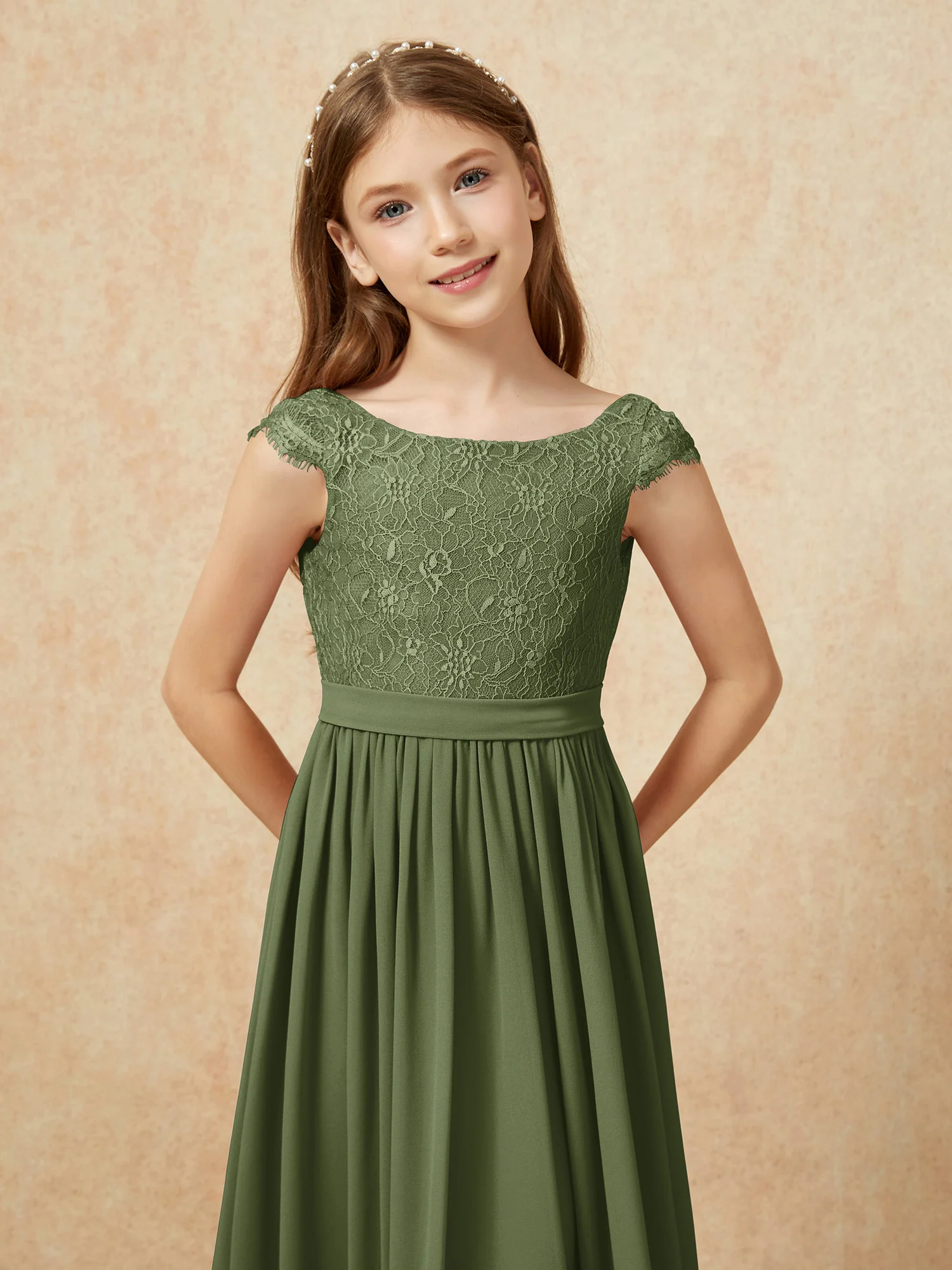 Cap Sleeve Lace Chiffon Junior Bridesmaid Dresses Olive Green - Image 6