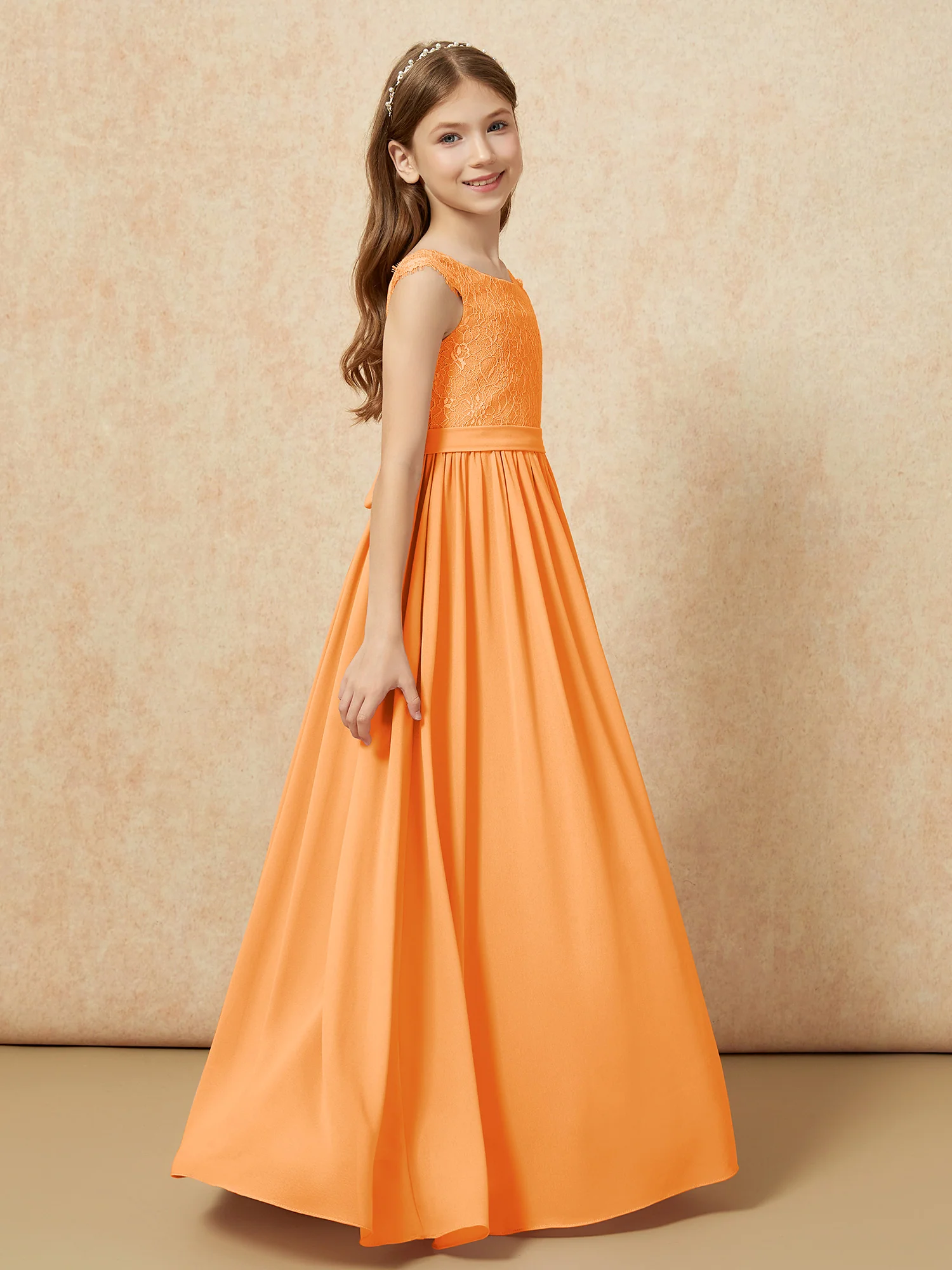 Cap Sleeve Lace Chiffon Junior Bridesmaid Dresses Orange - Image 3