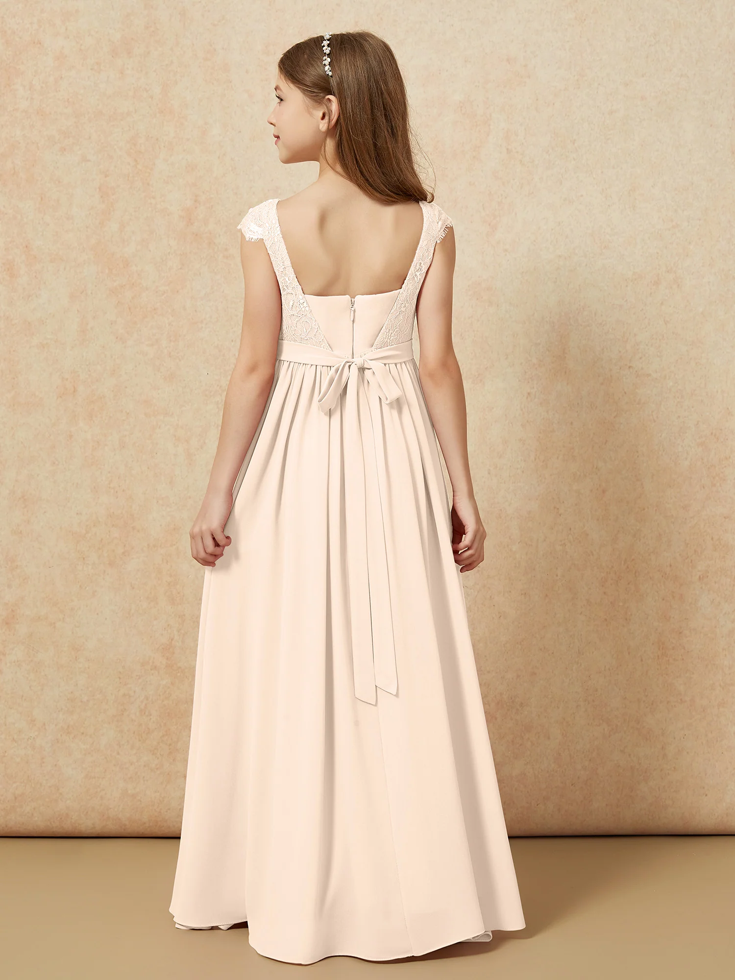 Cap Sleeve Lace Chiffon Junior Bridesmaid Dresses Peach - Image 2