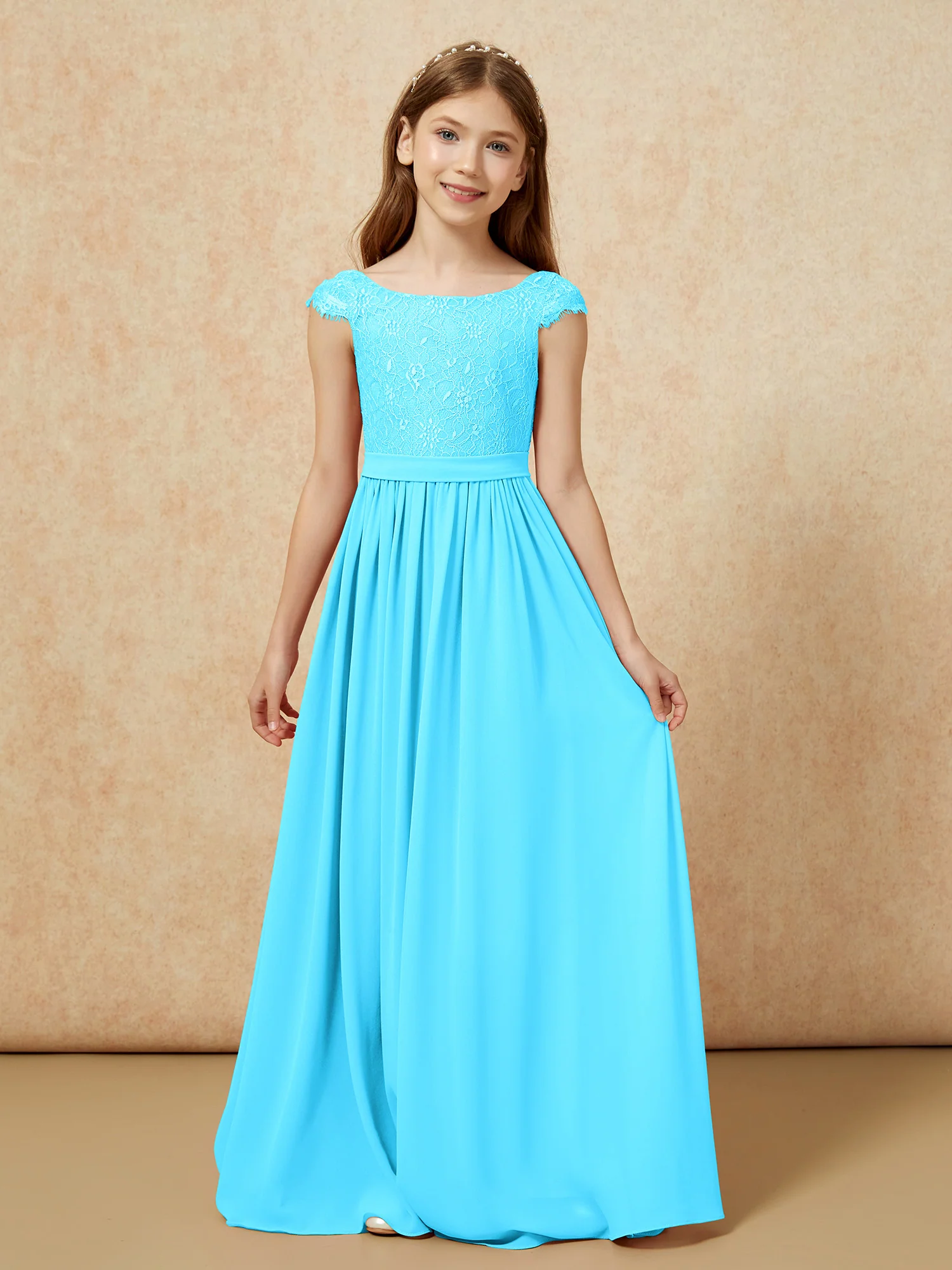 Cap Sleeve Lace Chiffon Junior Bridesmaid Dresses Pool