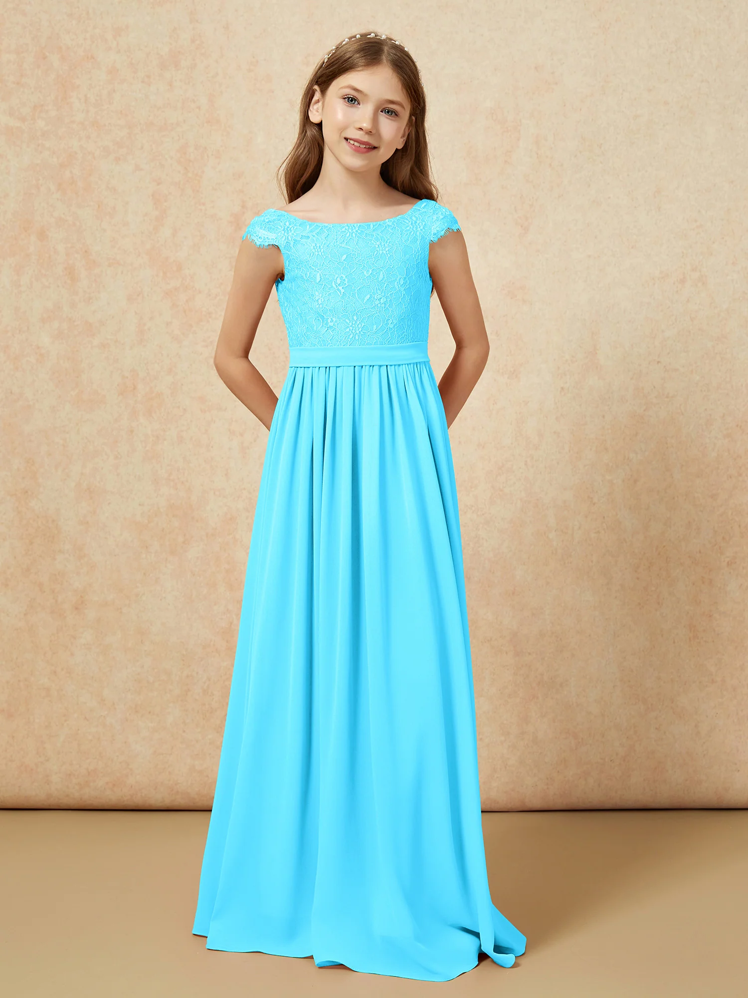 Cap Sleeve Lace Chiffon Junior Bridesmaid Dresses Pool - Image 4