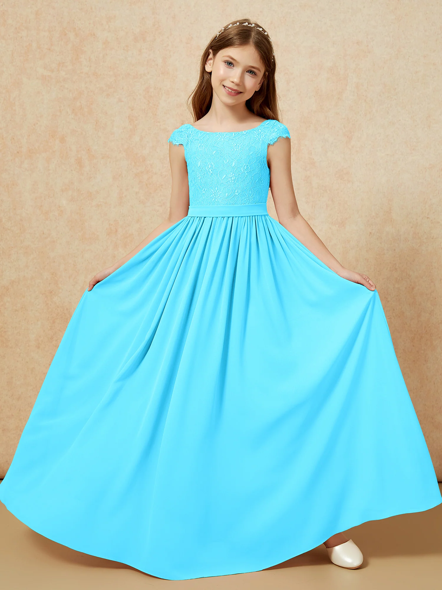 Cap Sleeve Lace Chiffon Junior Bridesmaid Dresses Pool - Image 5