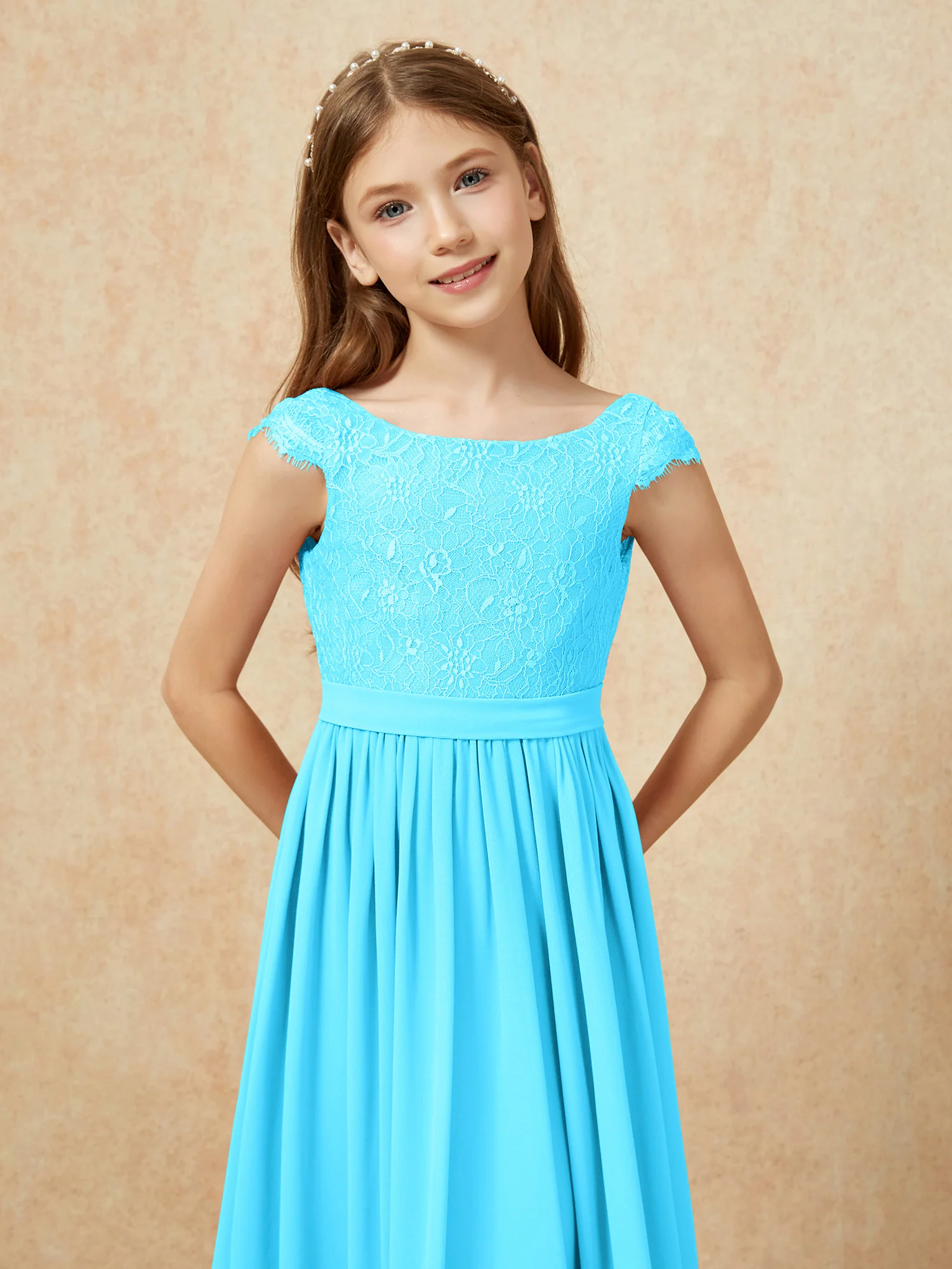 Cap Sleeve Lace Chiffon Junior Bridesmaid Dresses Pool - Image 6