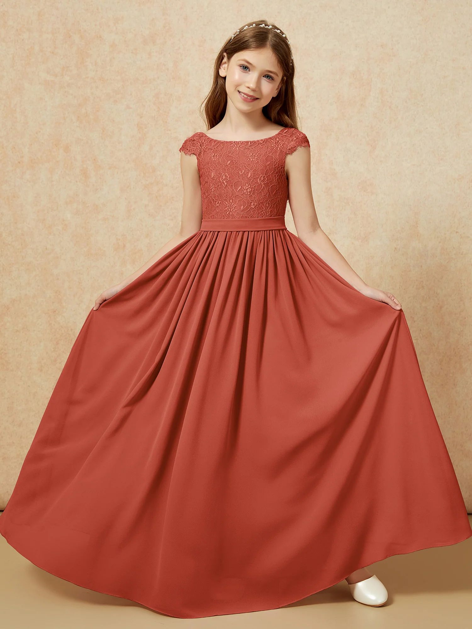 Cap Sleeve Lace Chiffon Junior Bridesmaid Dresses Rust - Image 5