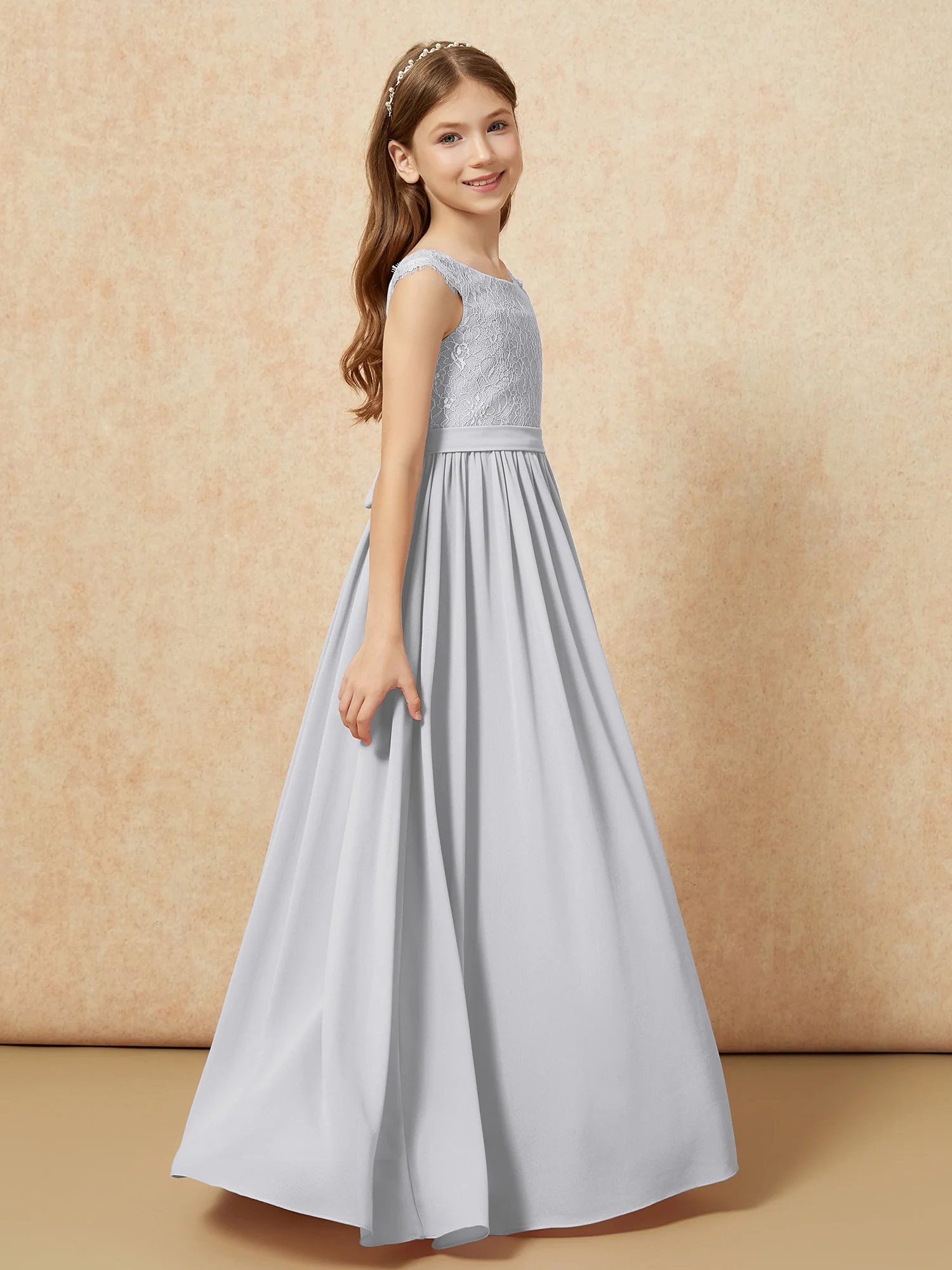 Cap Sleeve Lace Chiffon Junior Bridesmaid Dresses Silver - Image 3