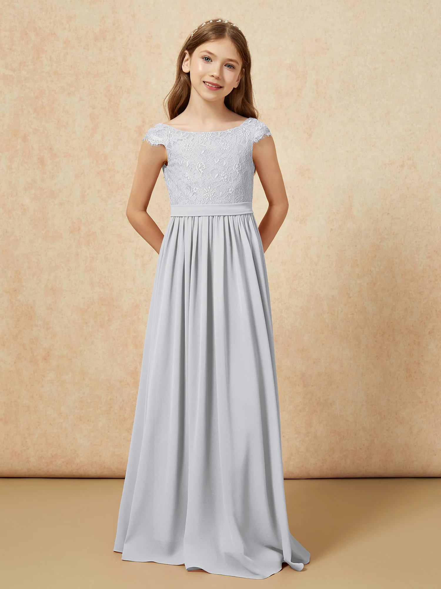 Cap Sleeve Lace Chiffon Junior Bridesmaid Dresses Silver - Image 4
