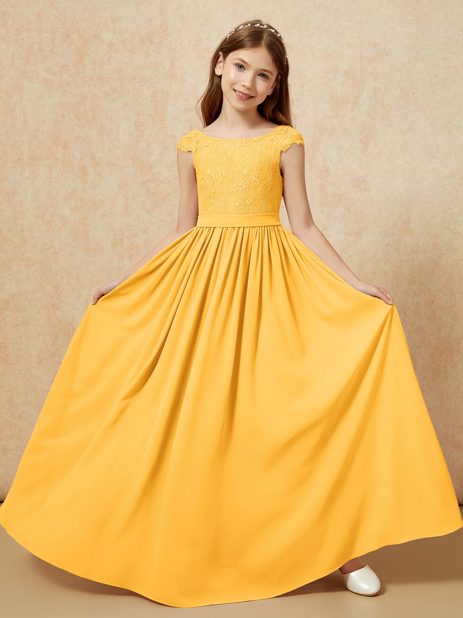 Cap Sleeve Lace Chiffon Junior Bridesmaid Dresses Tangerine - Image 5