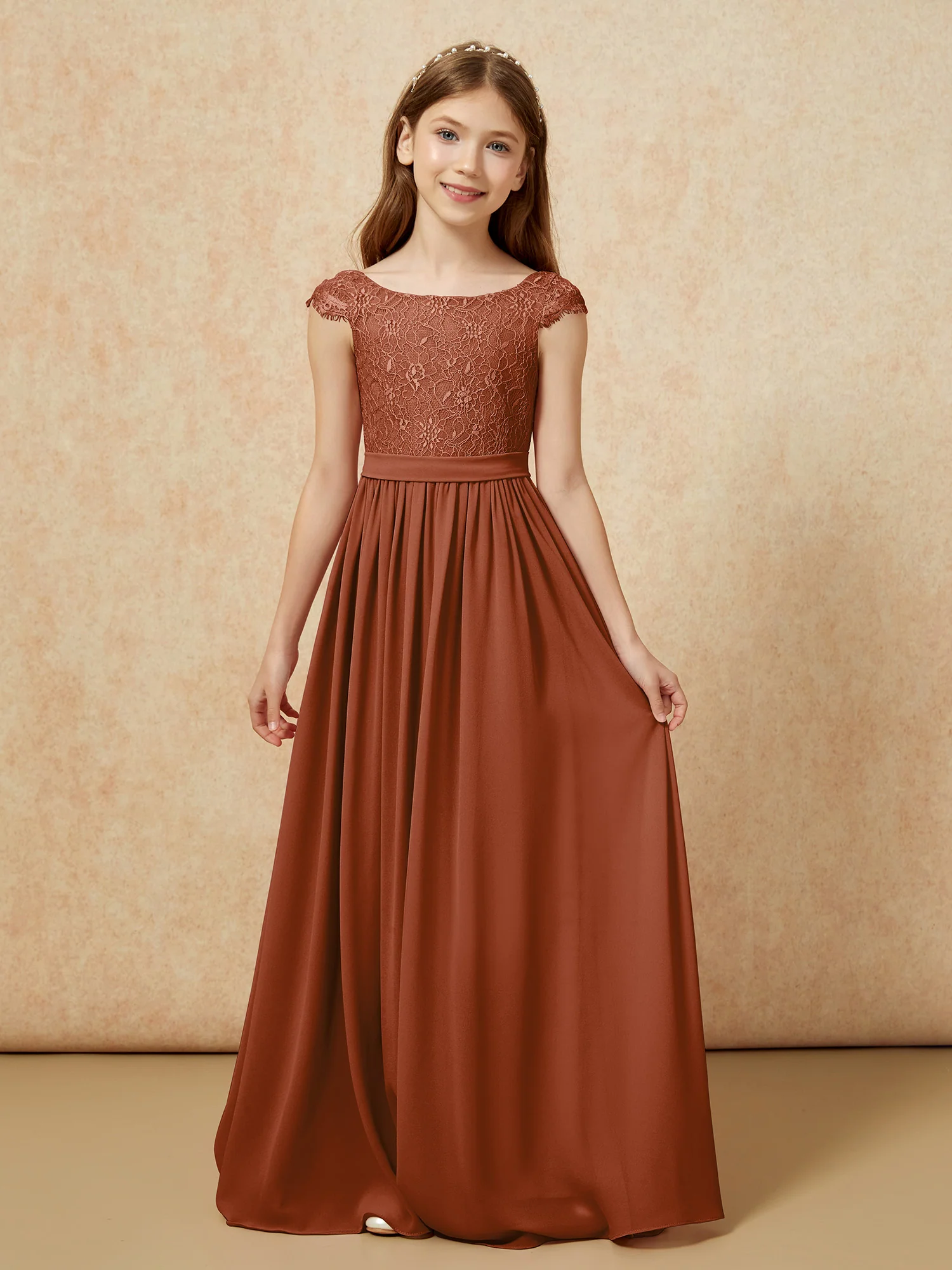 Cap Sleeve Lace Chiffon Junior Bridesmaid Dresses Terracotta
