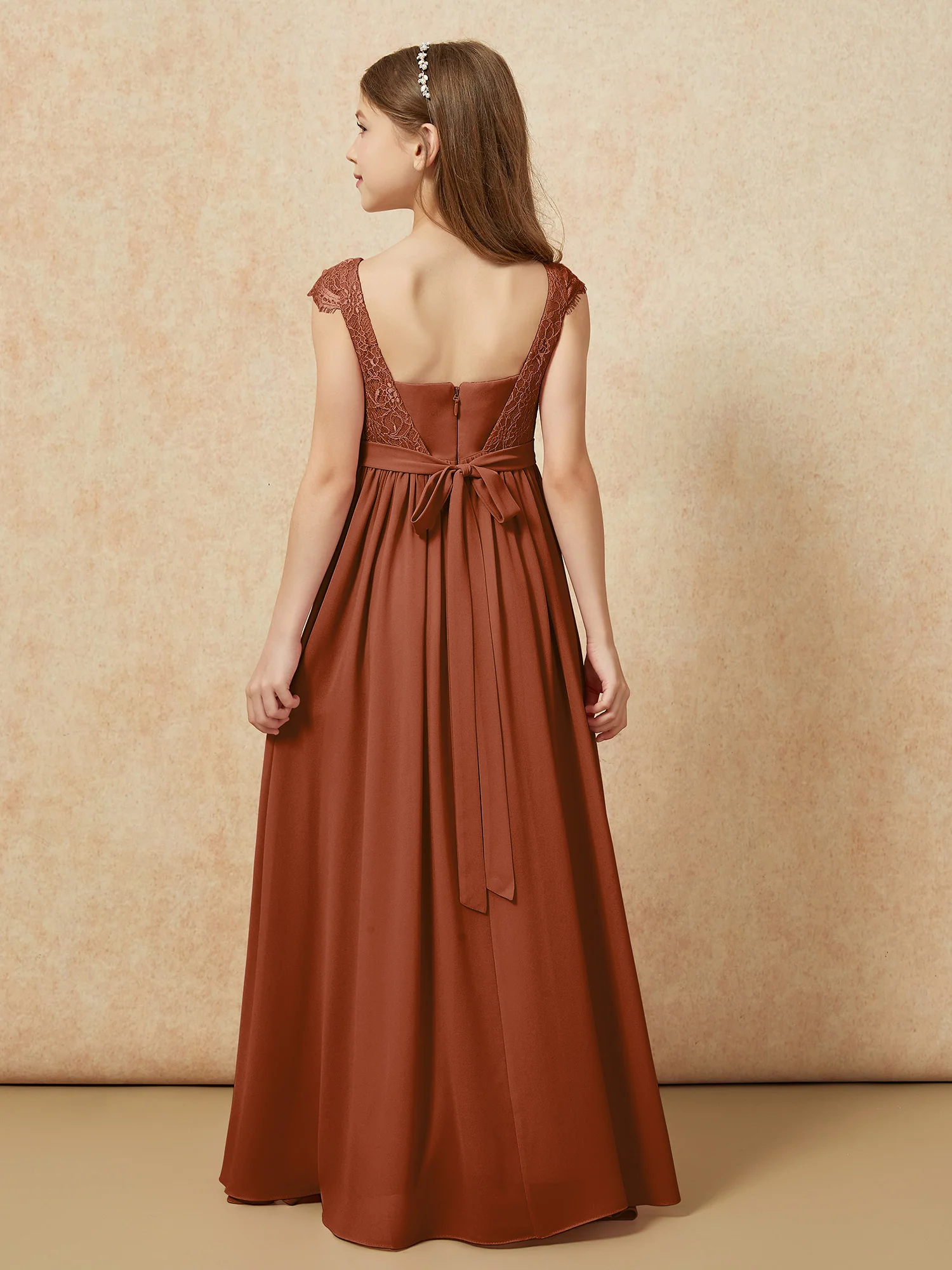 Cap Sleeve Lace Chiffon Junior Bridesmaid Dresses Terracotta - Image 2