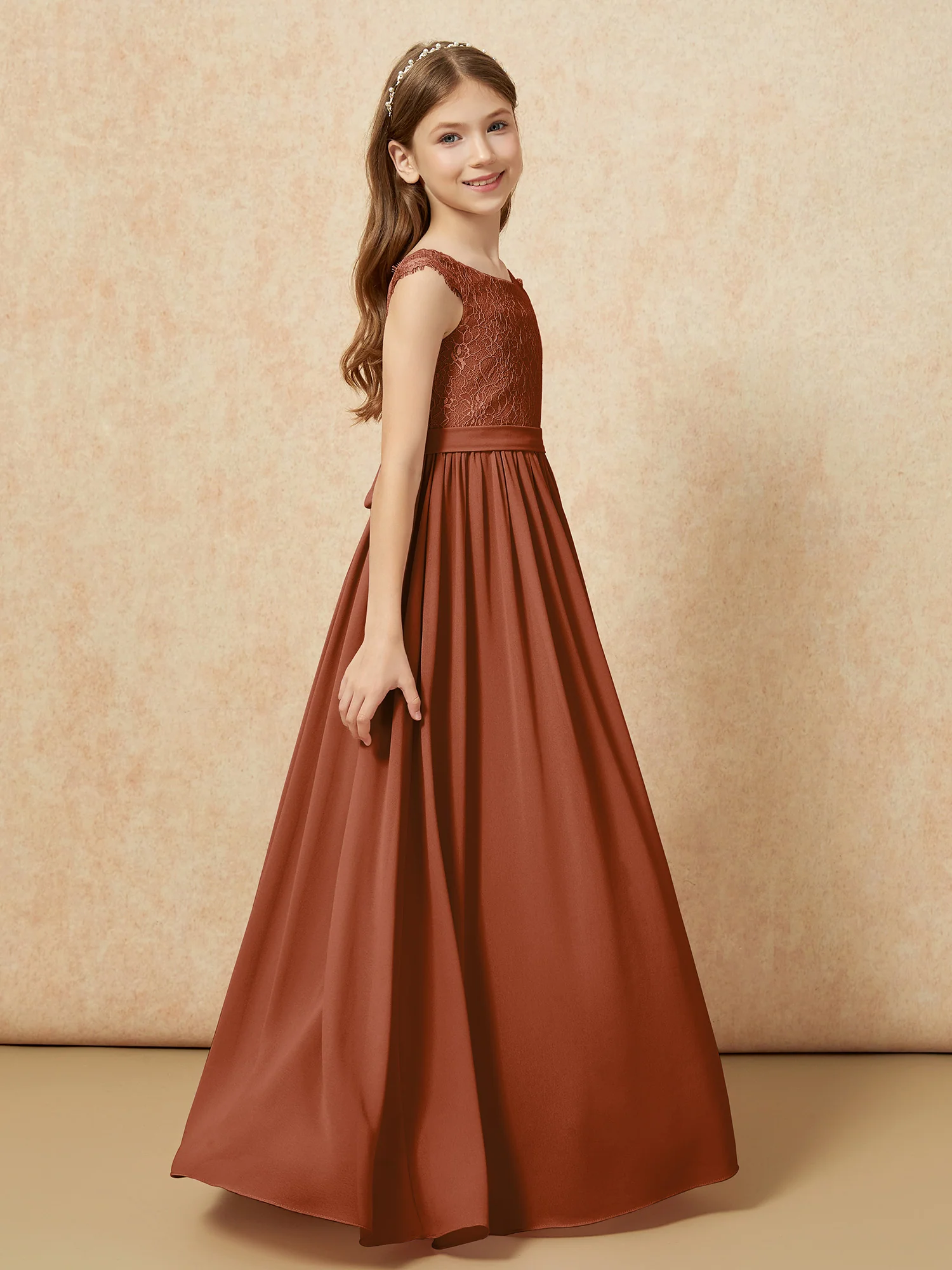 Cap Sleeve Lace Chiffon Junior Bridesmaid Dresses Terracotta - Image 3
