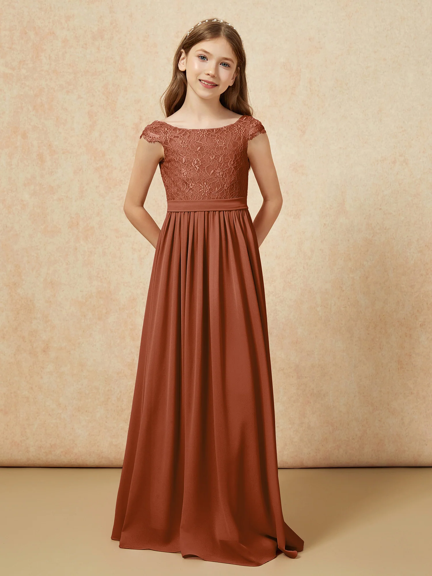 Cap Sleeve Lace Chiffon Junior Bridesmaid Dresses Terracotta - Image 4