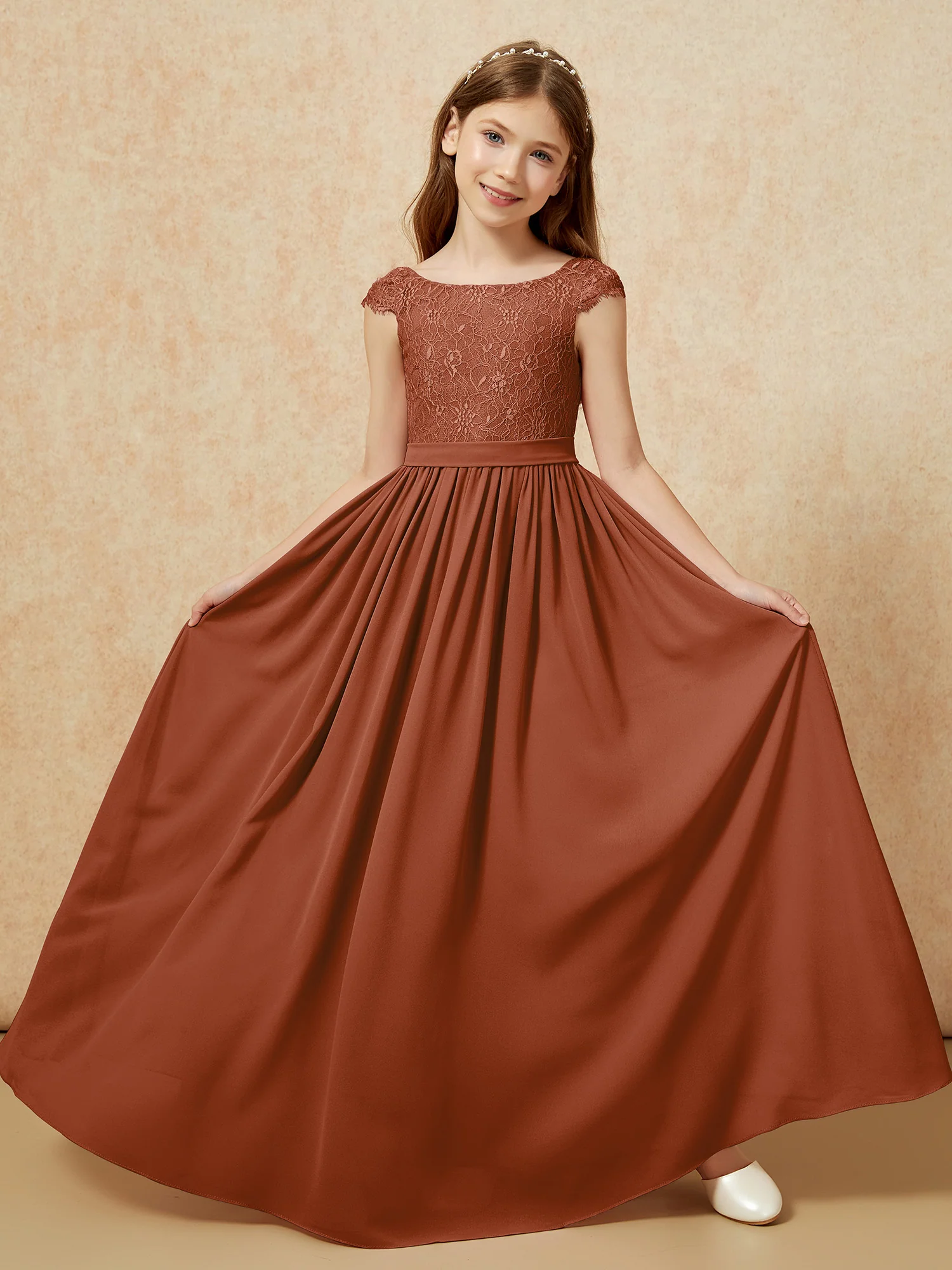 Cap Sleeve Lace Chiffon Junior Bridesmaid Dresses Terracotta - Image 5