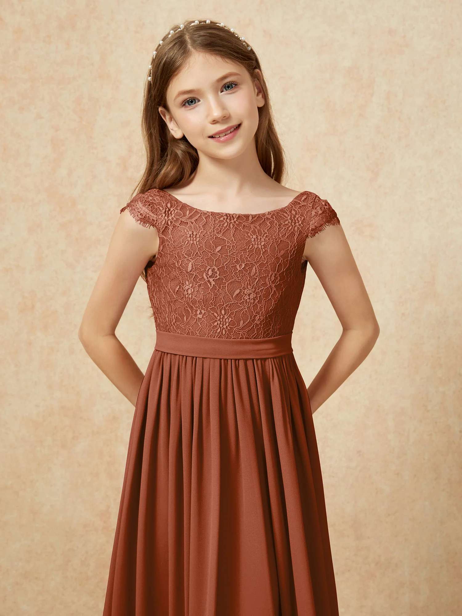 Cap Sleeve Lace Chiffon Junior Bridesmaid Dresses Terracotta - Image 6