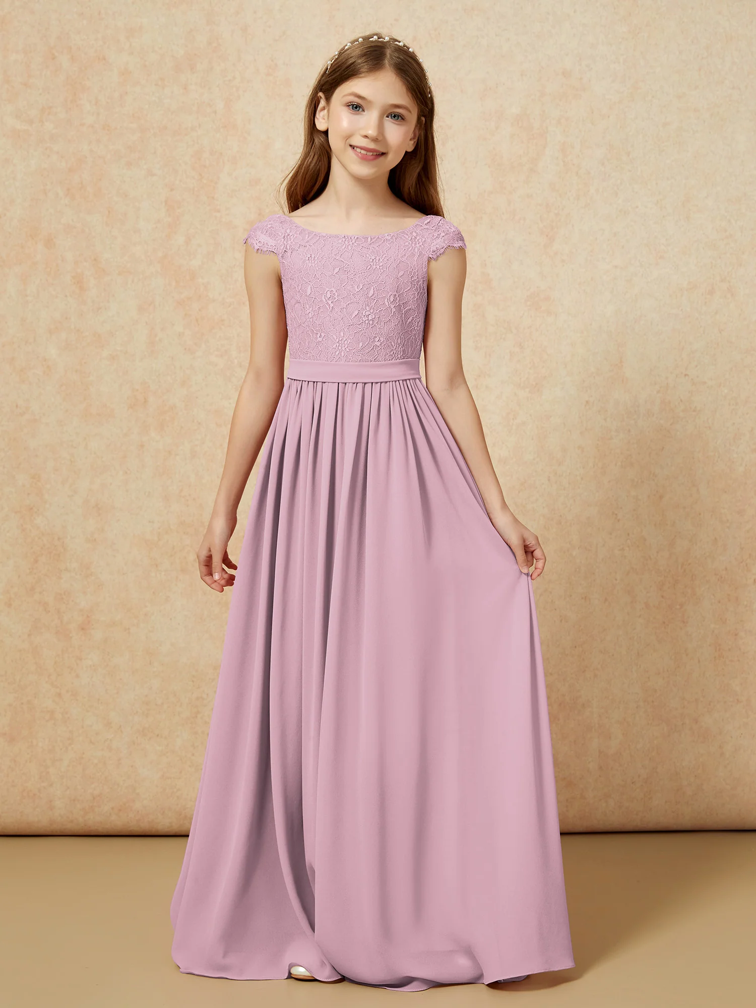 Cap Sleeve Lace Chiffon Junior Bridesmaid Dresses Vintage Mauve