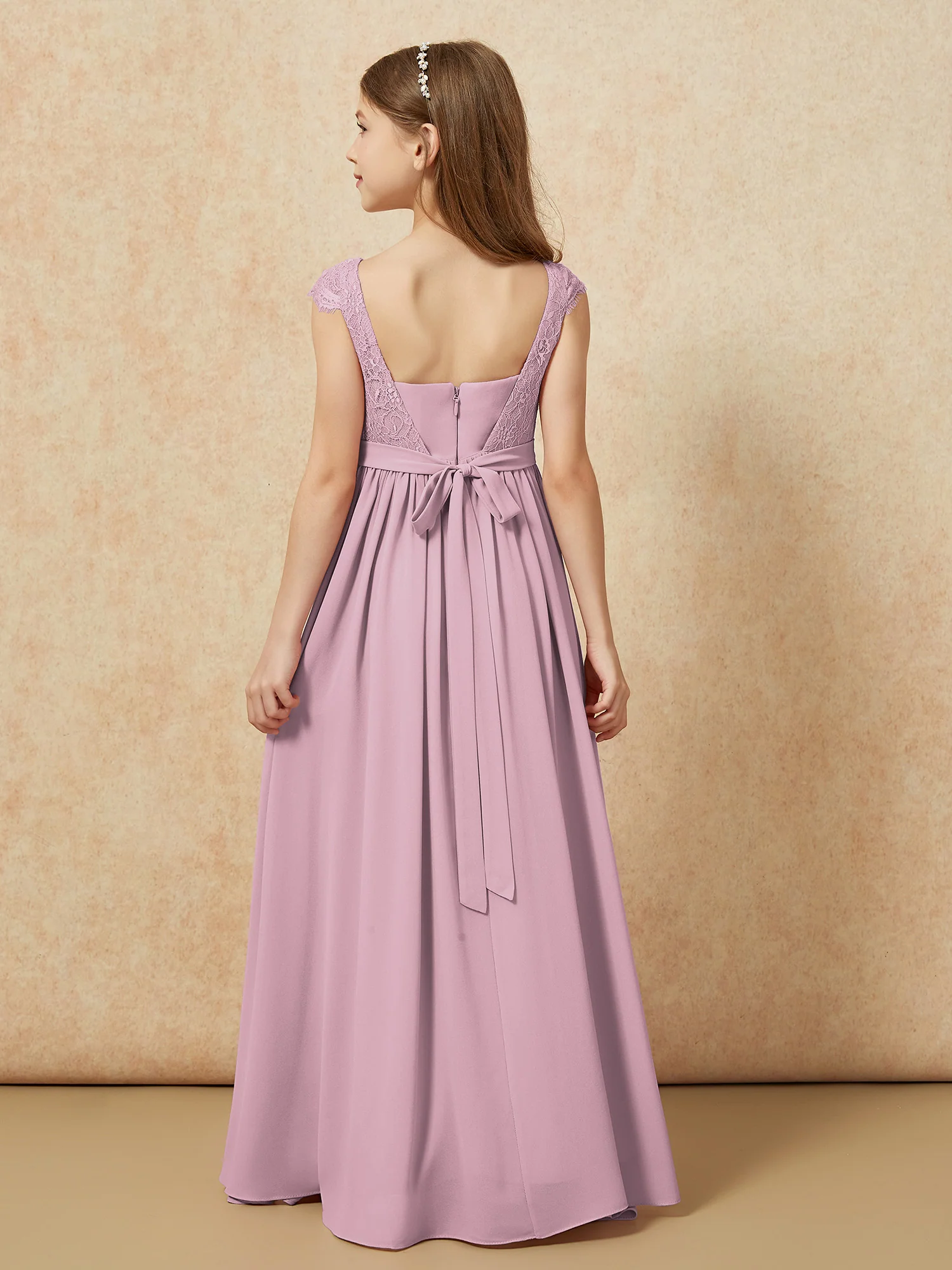 Cap Sleeve Lace Chiffon Junior Bridesmaid Dresses Vintage Mauve - Image 2
