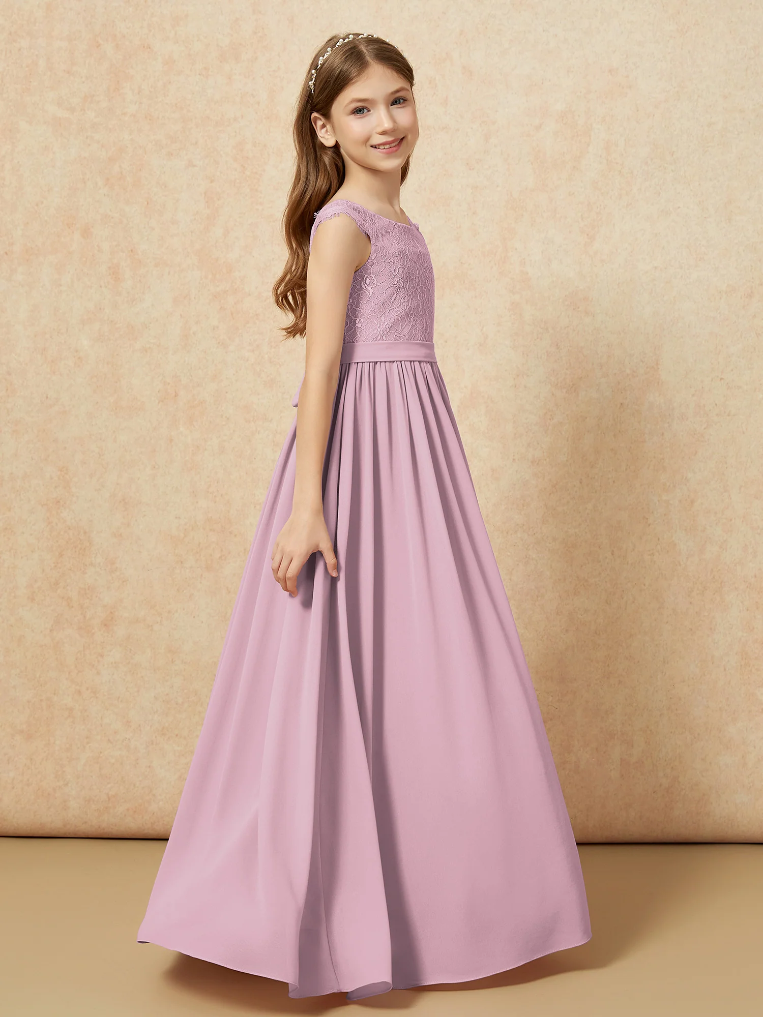 Cap Sleeve Lace Chiffon Junior Bridesmaid Dresses Vintage Mauve - Image 3