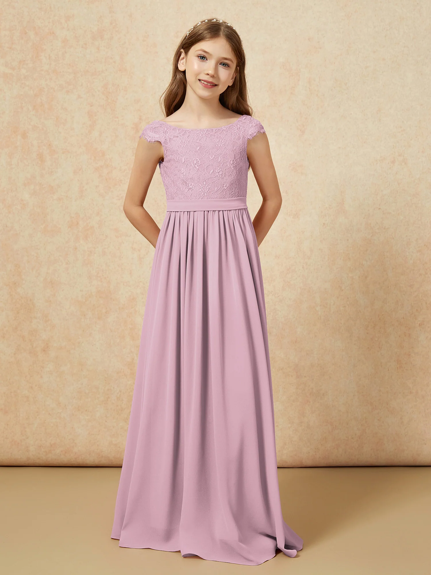 Cap Sleeve Lace Chiffon Junior Bridesmaid Dresses Vintage Mauve - Image 4