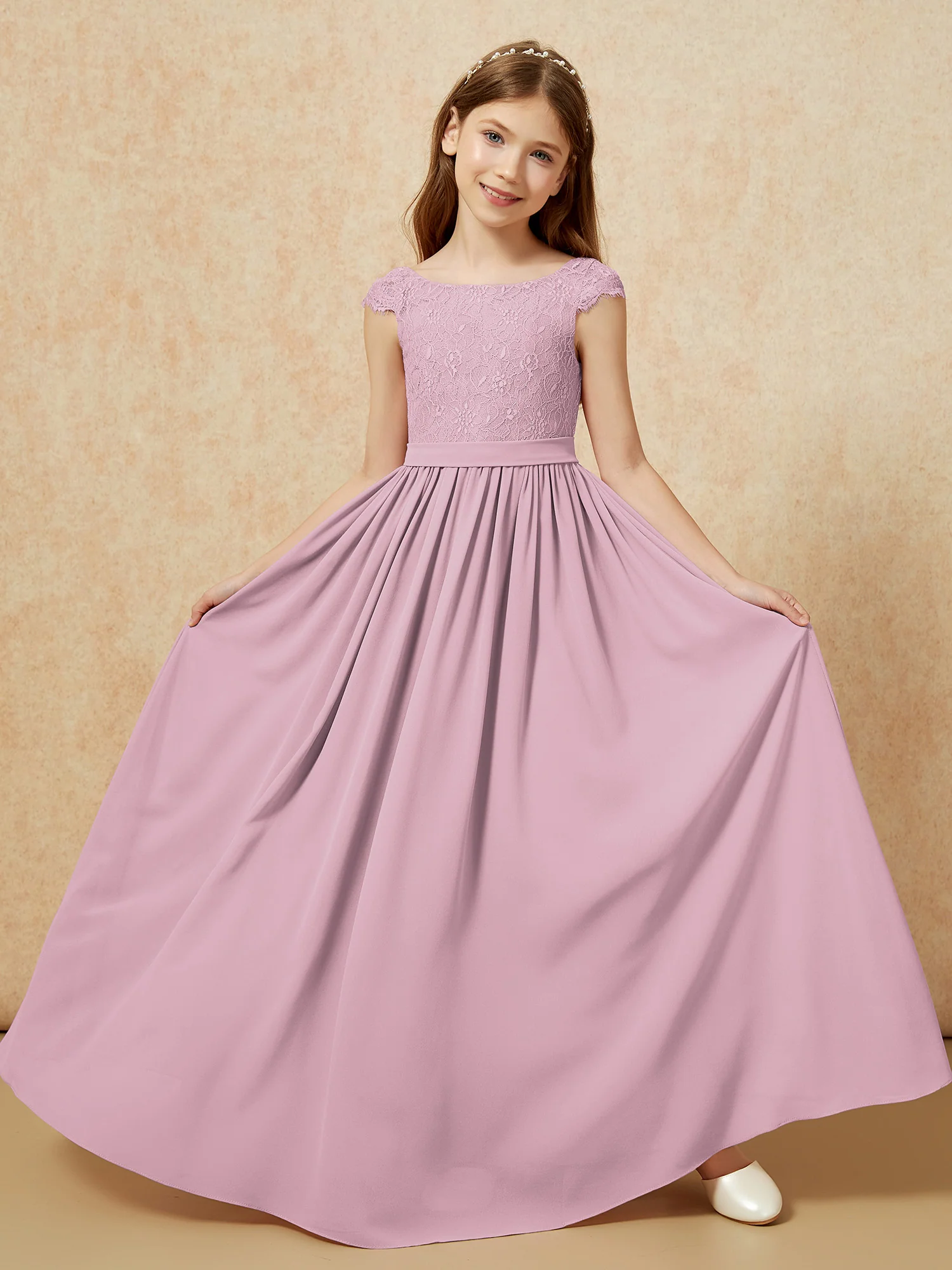 Cap Sleeve Lace Chiffon Junior Bridesmaid Dresses Vintage Mauve - Image 5