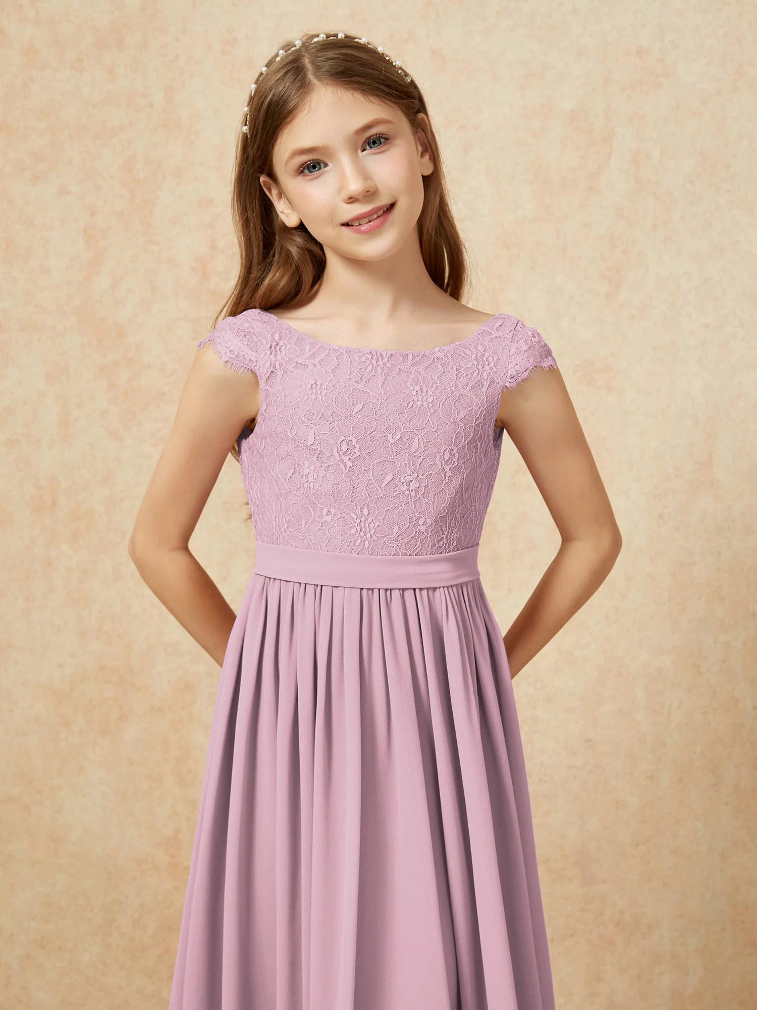 Cap Sleeve Lace Chiffon Junior Bridesmaid Dresses Vintage Mauve - Image 6