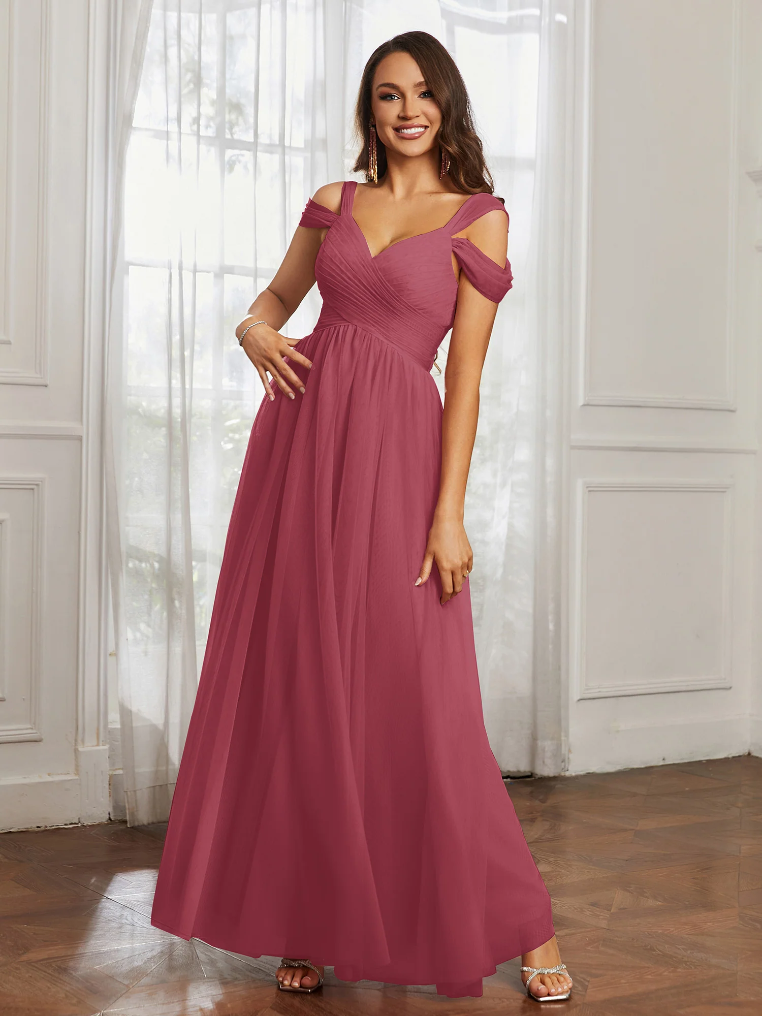 Cap Sleeve Tulle Ruched Floor-length Dress Cinnamon Rose - Image 3