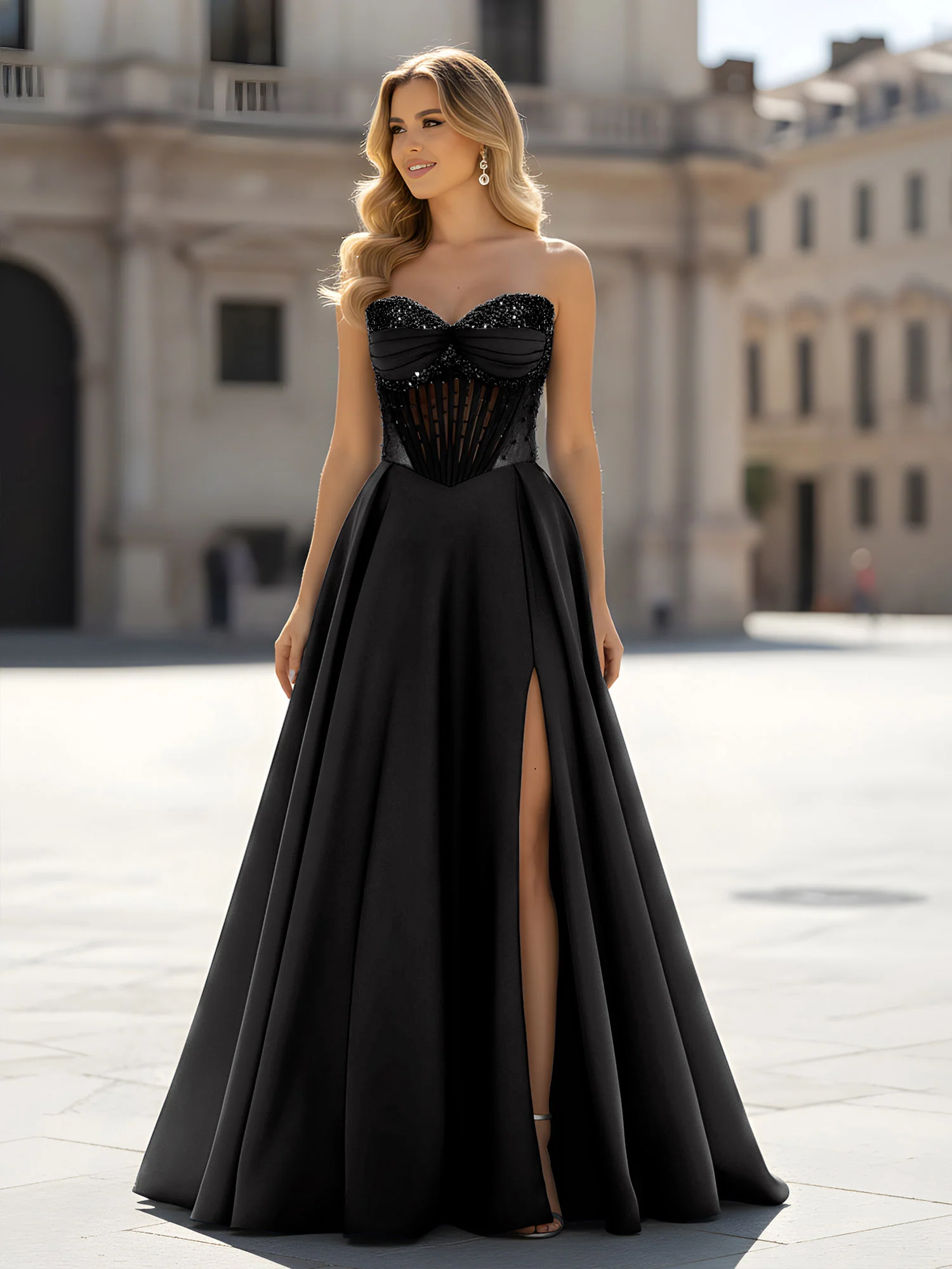 Sequin Sweetheart Bodice A-Line Gown with Slit Black