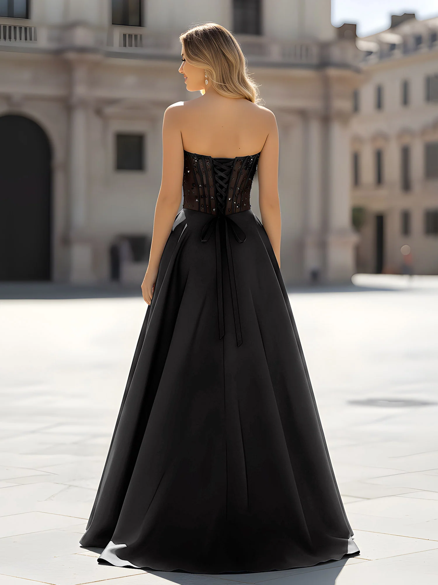 Sequin Sweetheart Bodice A-Line Gown with Slit Black - Image 2