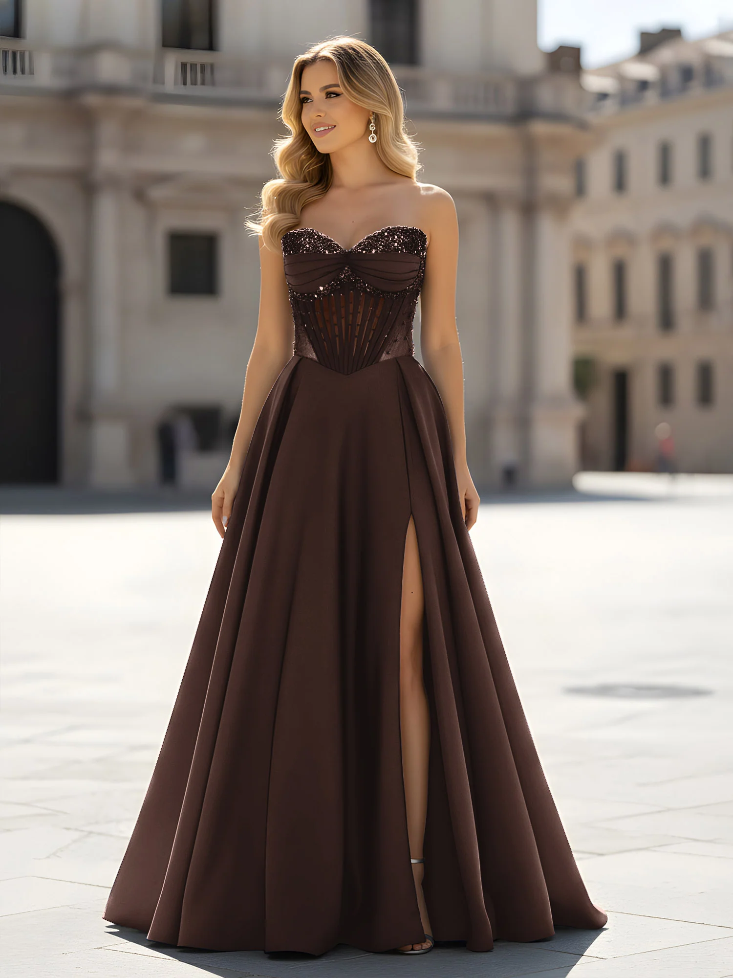 Sequin Sweetheart Bodice A-Line Gown with Slit Chocolate