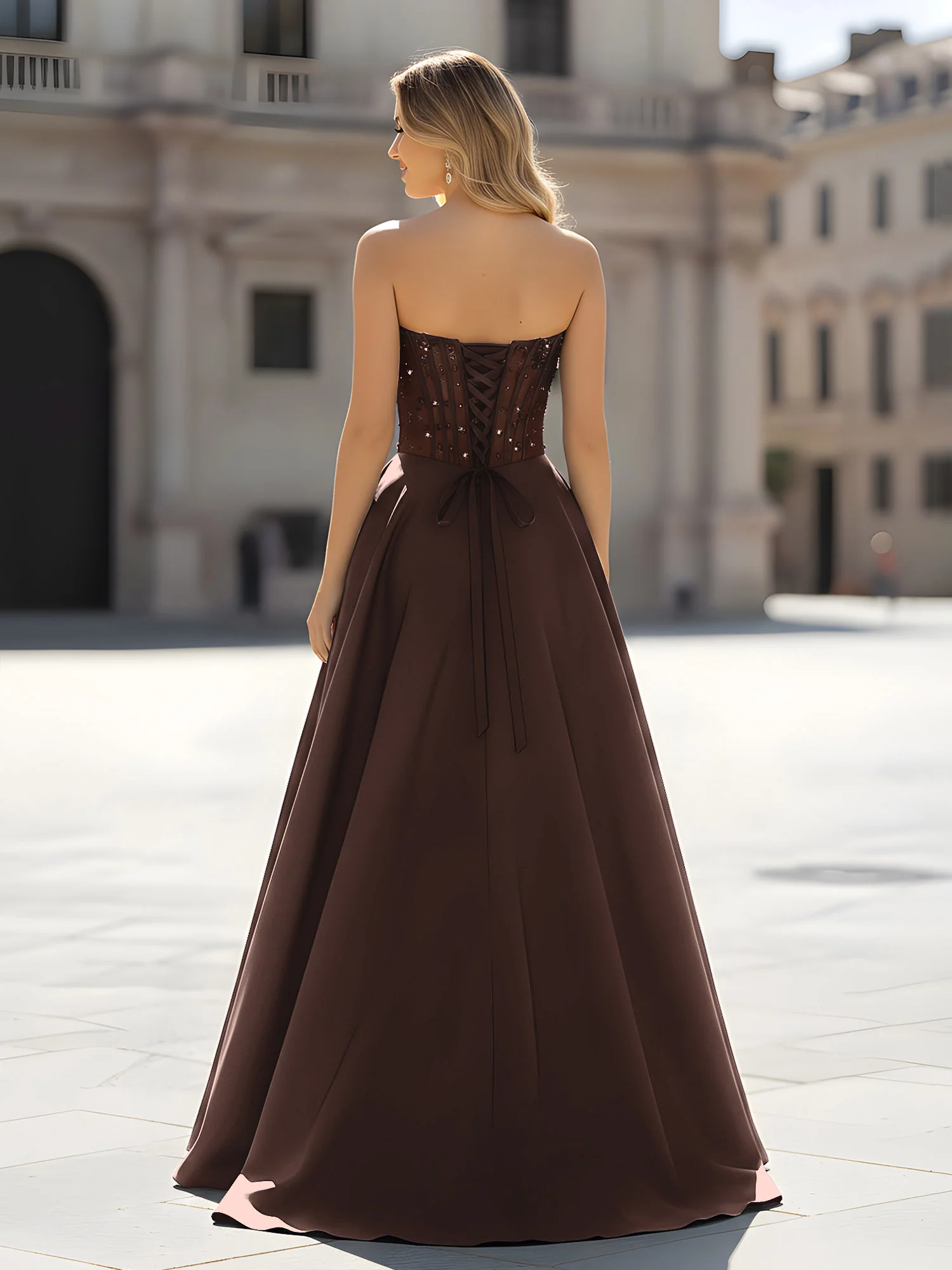 Sequin Sweetheart Bodice A-Line Gown with Slit Chocolate - Image 2