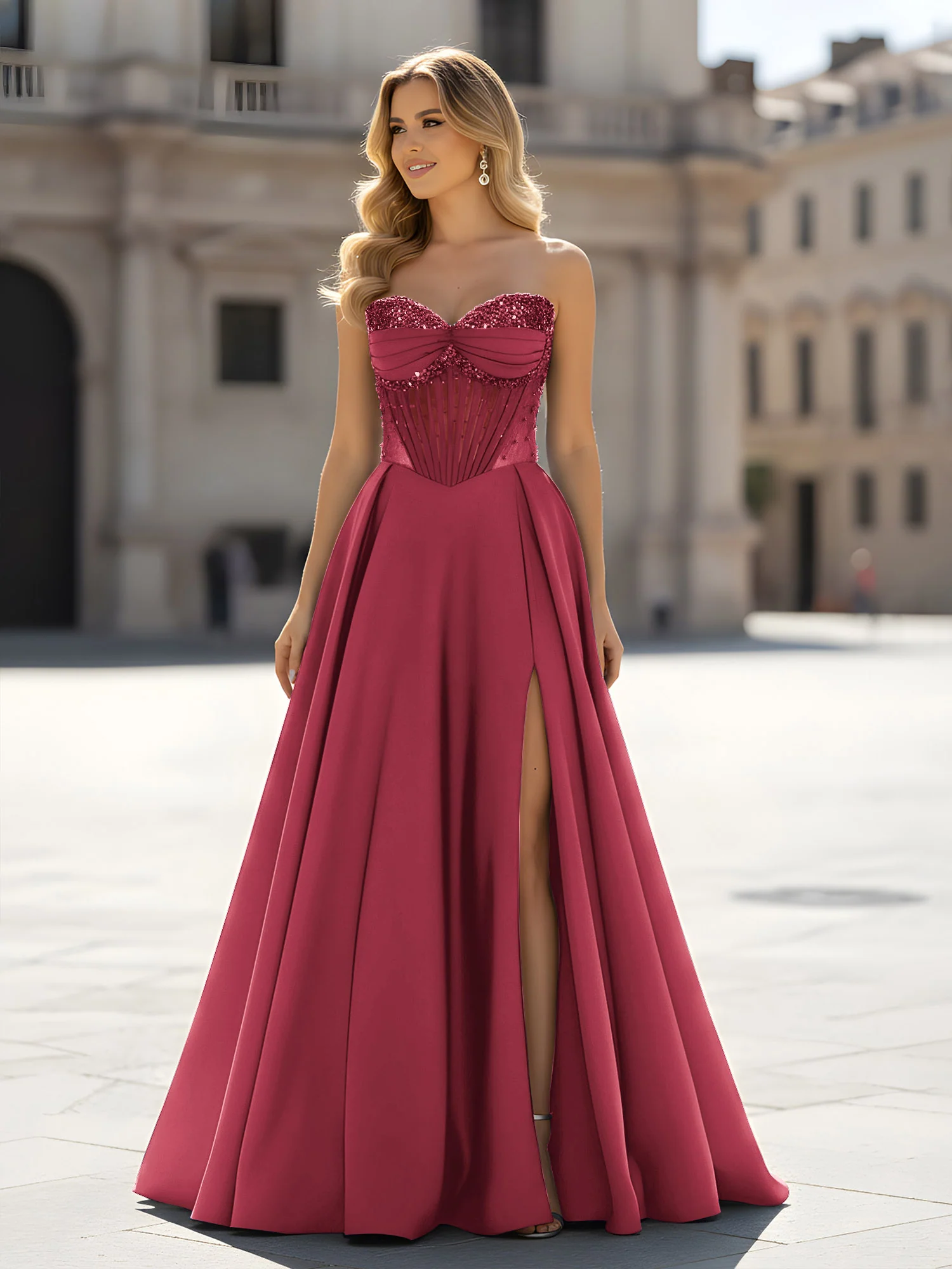 Sequin Sweetheart Bodice A-Line Gown with Slit Cinnamon Rose