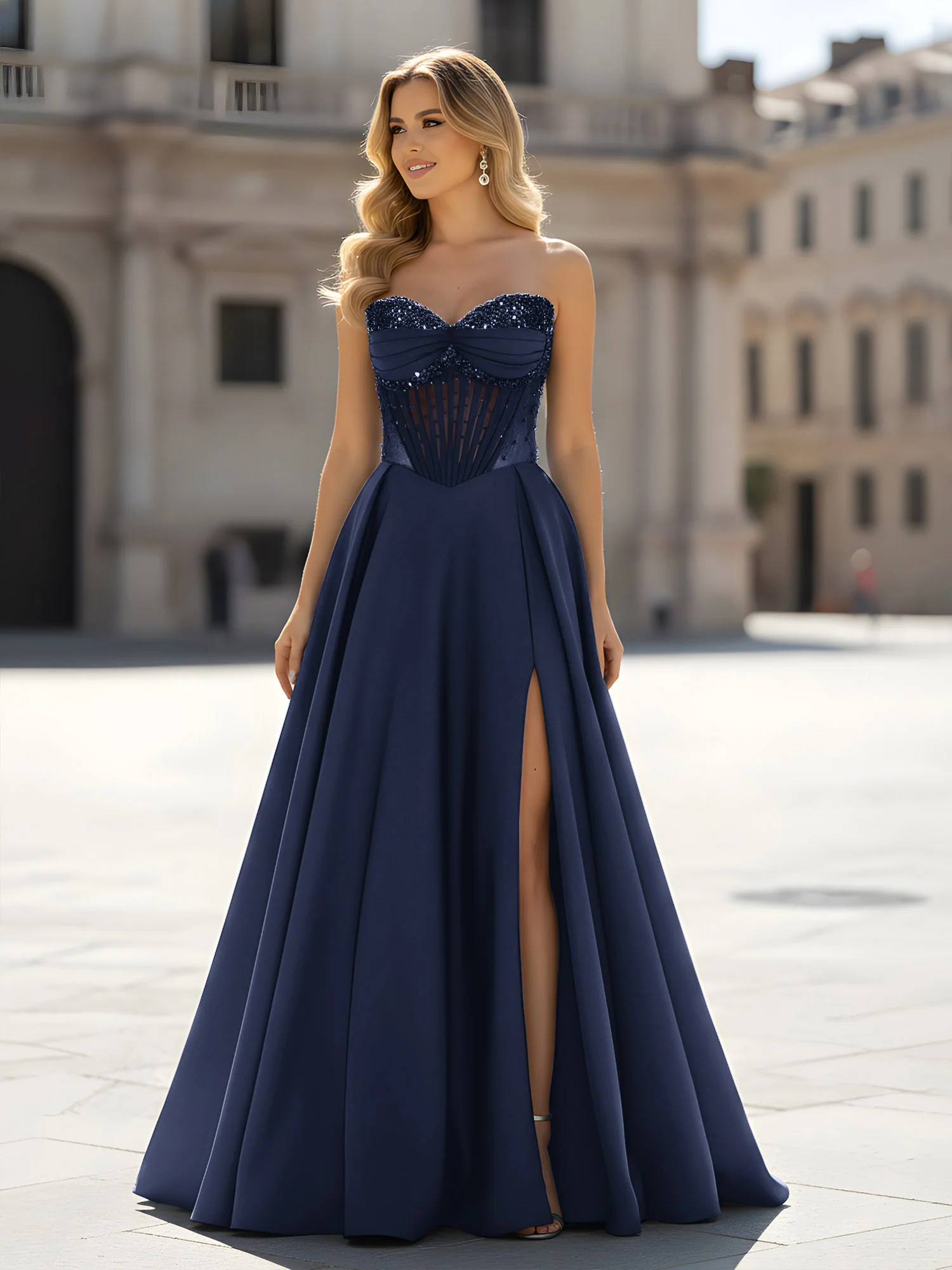 Sequin Sweetheart Bodice A-Line Gown with Slit Dark Navy