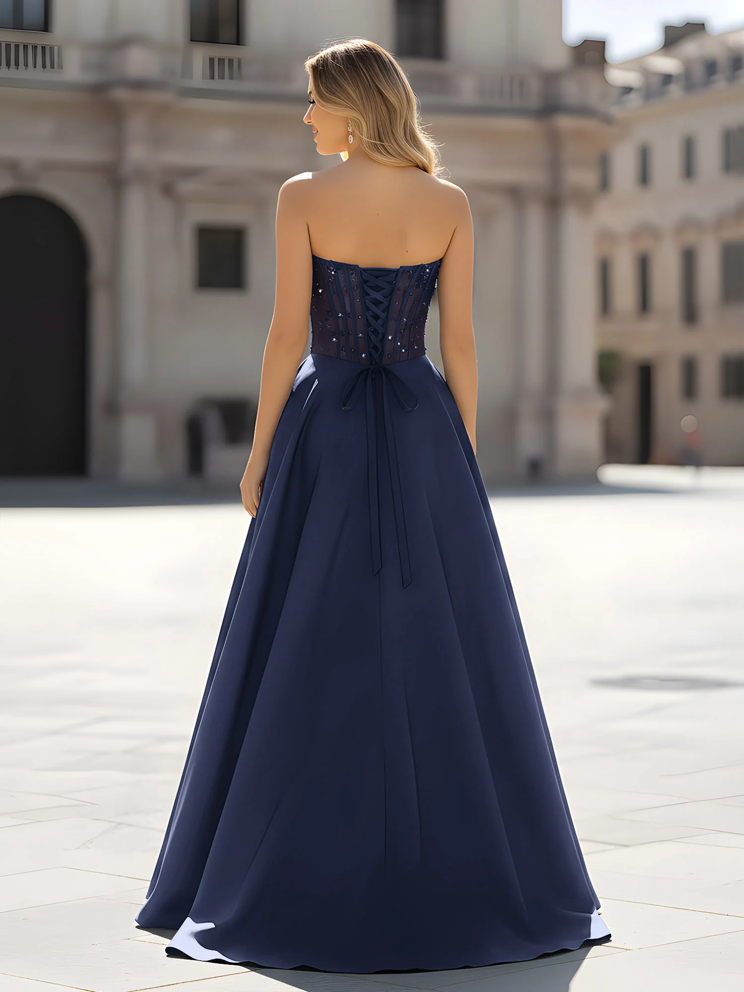 Sequin Sweetheart Bodice A-Line Gown with Slit Dark Navy - Image 2