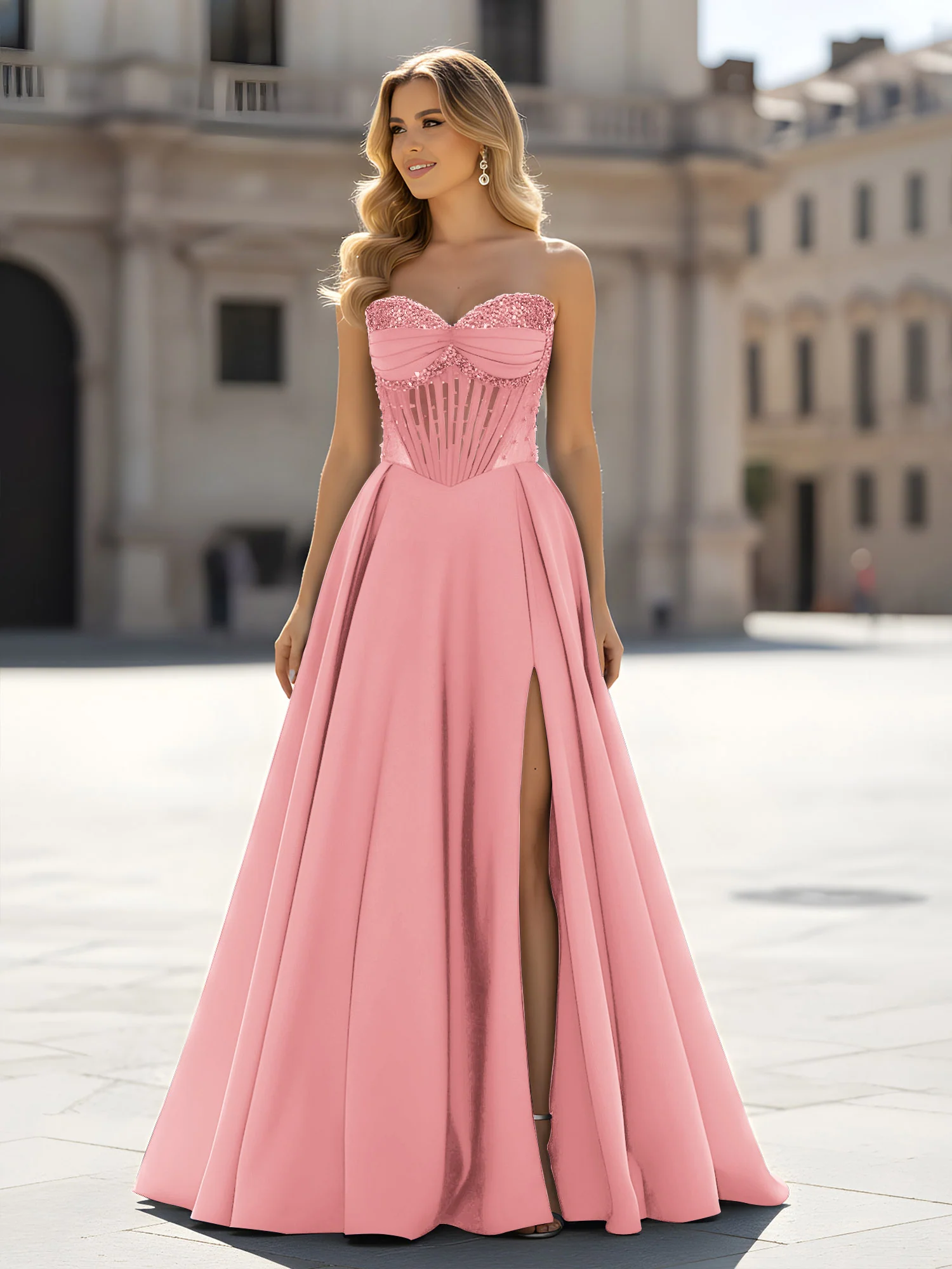 Sequin Sweetheart Bodice A-Line Gown with Slit Flamingo