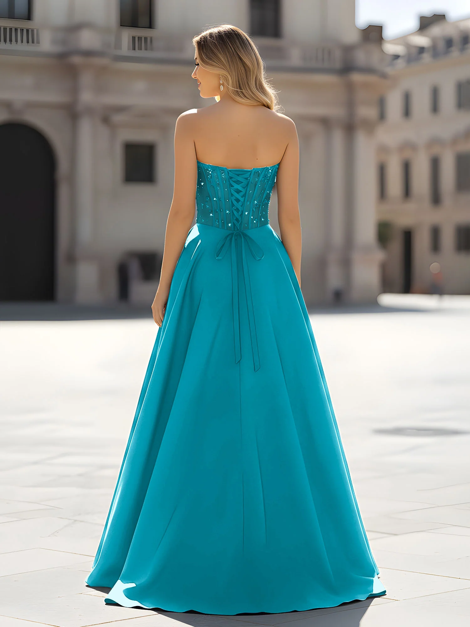 Sequin Sweetheart Bodice A-Line Gown with Slit Jade - Image 2