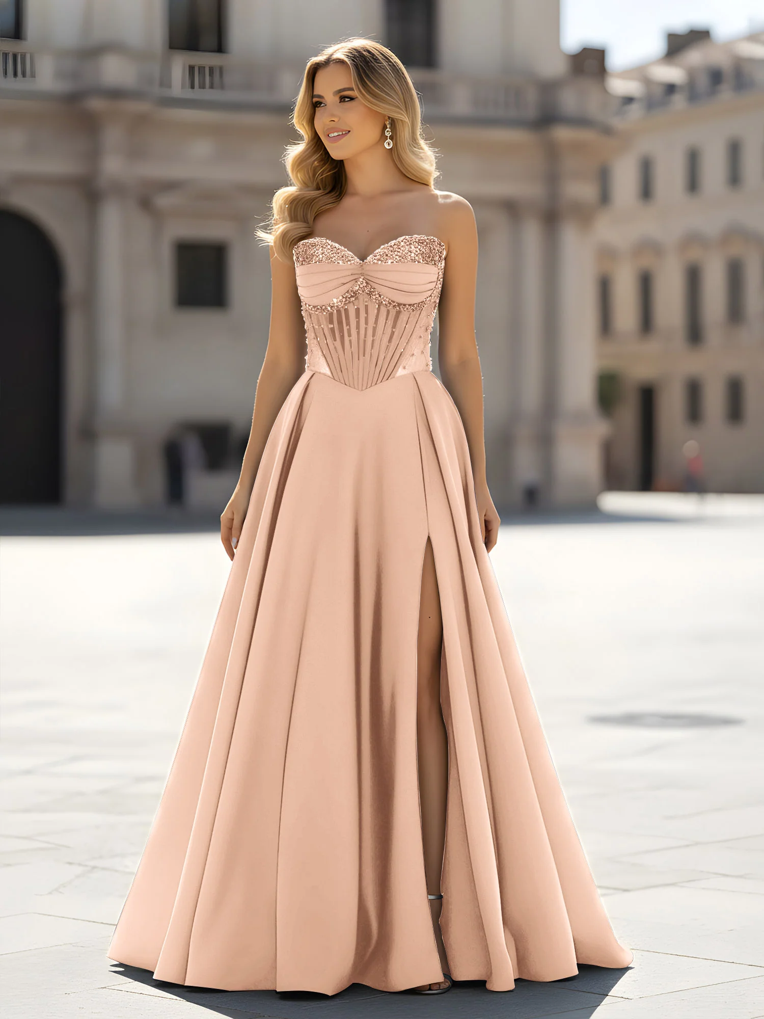 Sequin Sweetheart Bodice A-Line Gown with Slit Peach