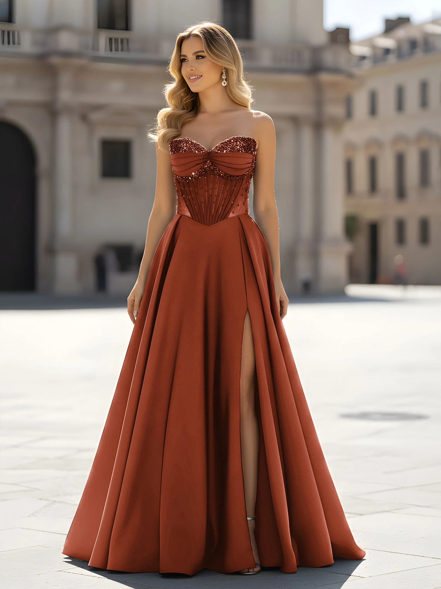 Sequin Sweetheart Bodice A-Line Gown with Slit Rust