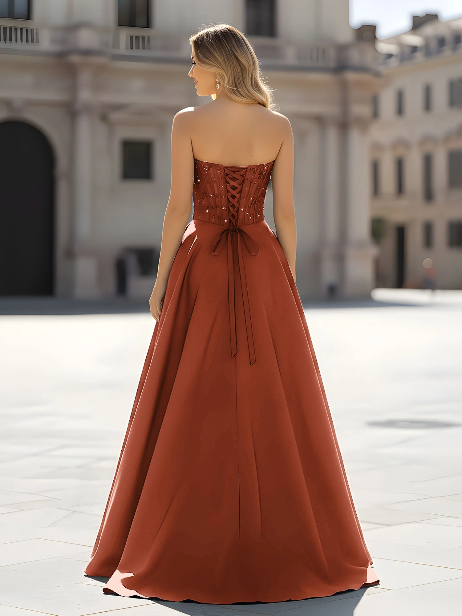 Sequin Sweetheart Bodice A-Line Gown with Slit Rust - Image 2